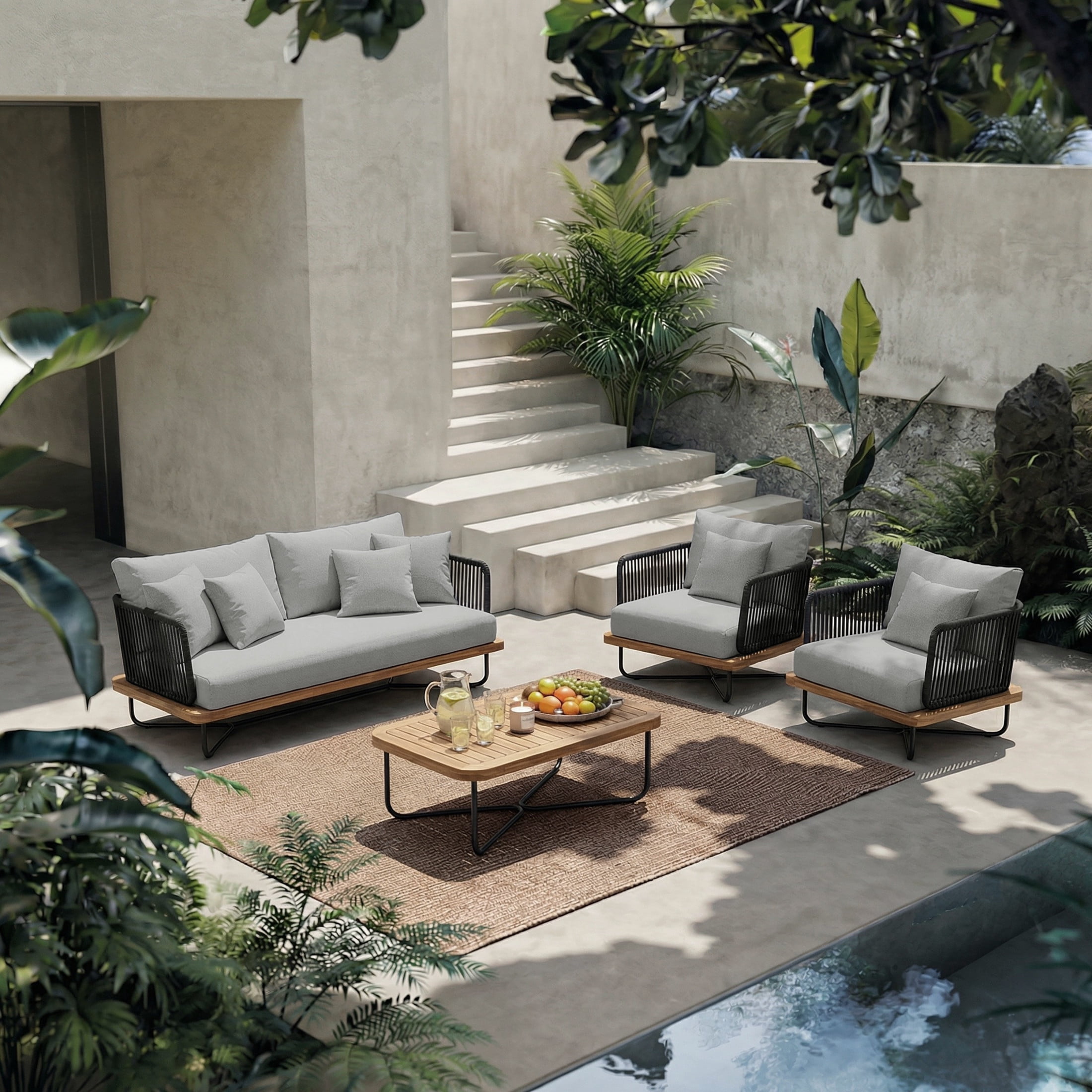 Christopher Knight Home 4-Piece Outdoor Chat Set with Coffee Table, Black Rope, Light Gray Cushion