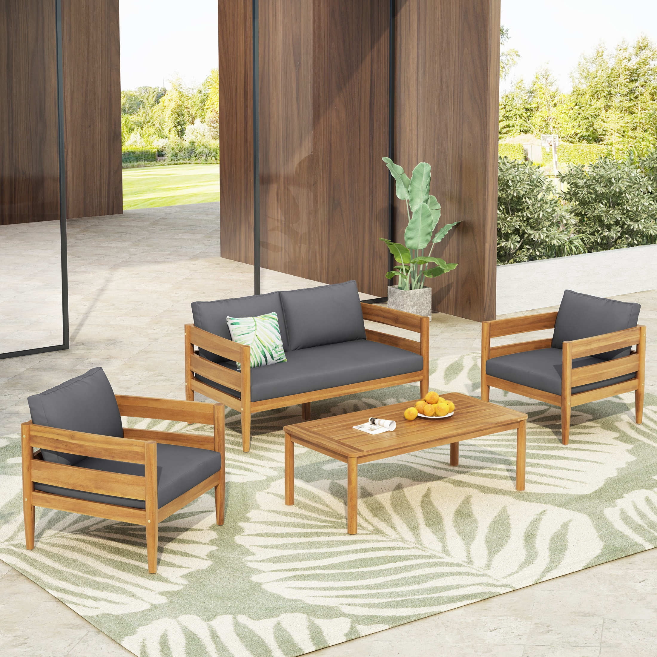 Christopher Knight Home 4-Piece Outdoor Chat Set with Slatted Loveseat, Chairs & Coffee Table, Dark Grey Cushions