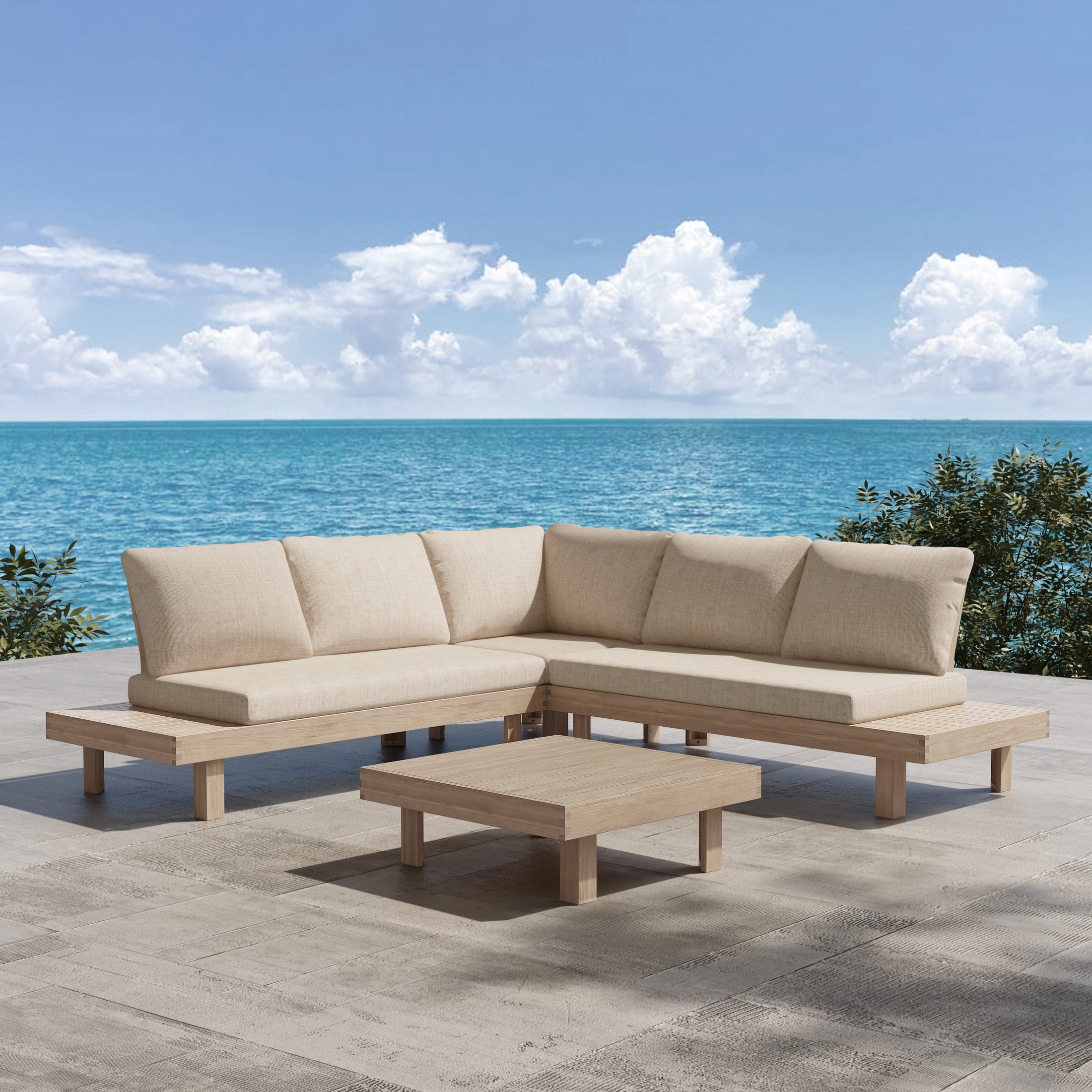 Christopher Knight Home 4-Piece Outdoor Conversation Sectional Set, Wood Frame with Cushions, Light White+Sand