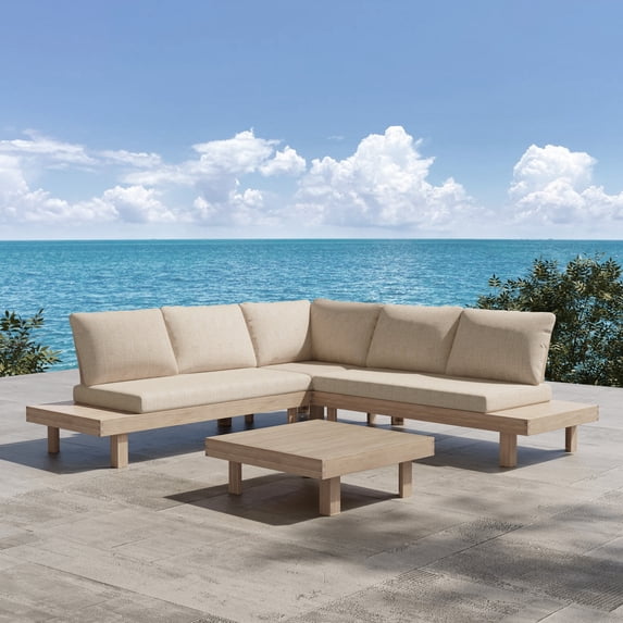 Christopher Knight Home 4-Piece Outdoor Conversation Sectional Set, Wood Frame with Cushions, Light White+Sand