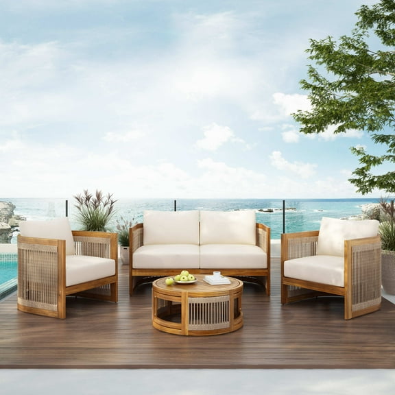 Christopher Knight Home 4-Piece Outdoor Conversation Set, Curved Woven Rope Chairs & Coffee Table, Teak+Beige