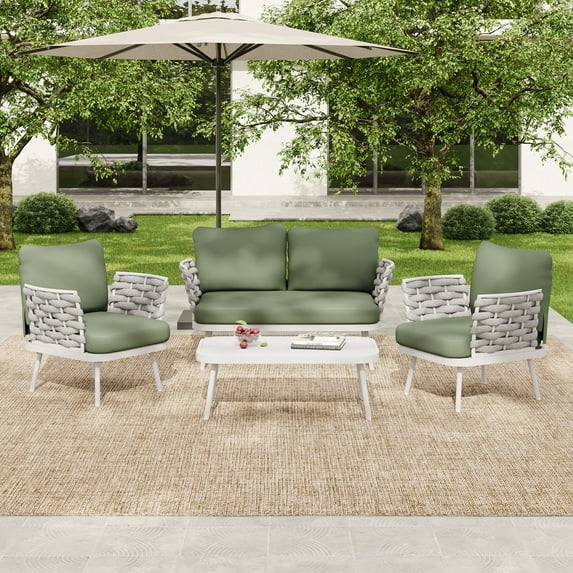Christopher Knight Home 4-Piece Outdoor Conversation Set, Handwoven Rope with Steel Frame, Off White+Green