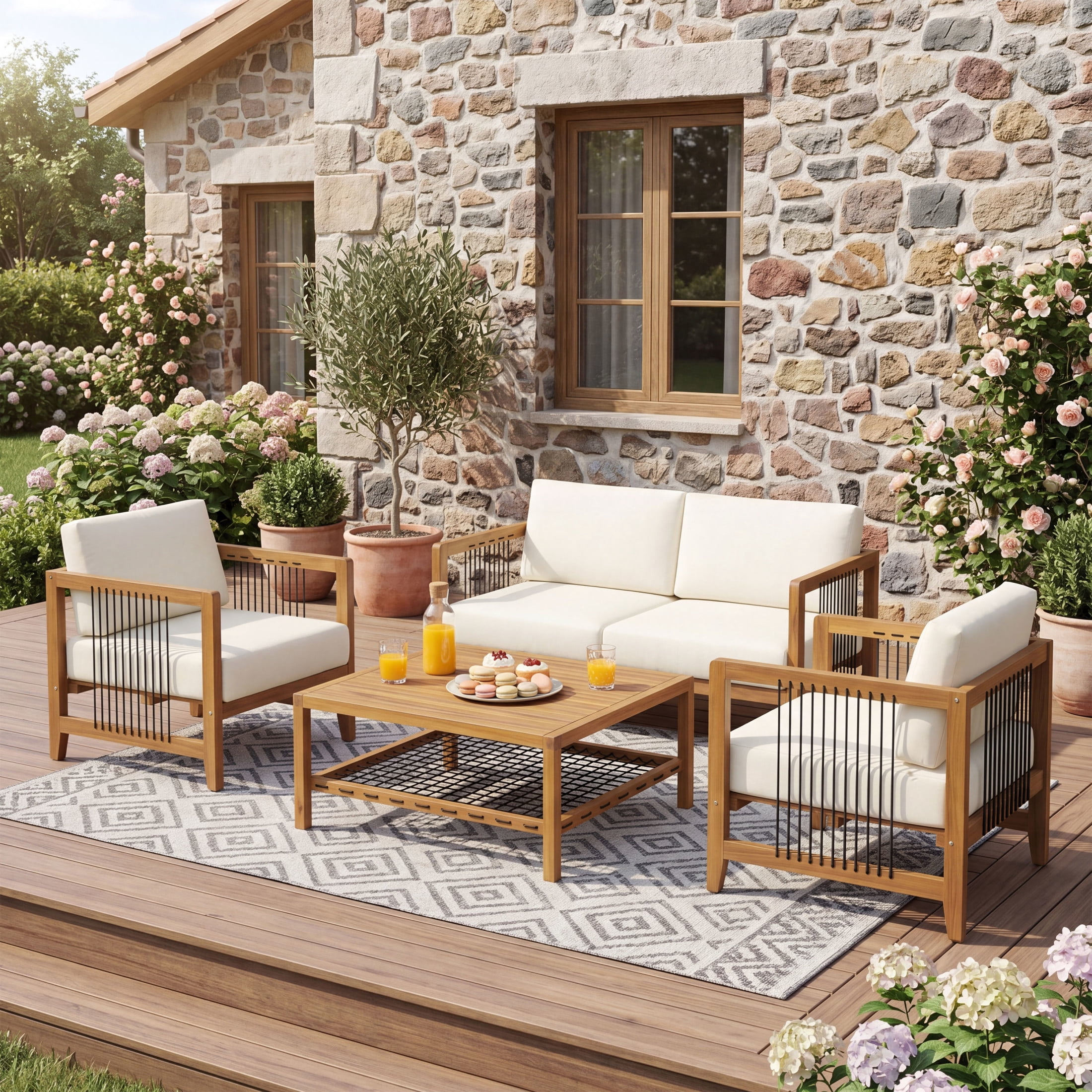 Christopher Knight Home 4-Piece Outdoor Conversation Set with Handwoven Rope and Cushions, Teak+Beige