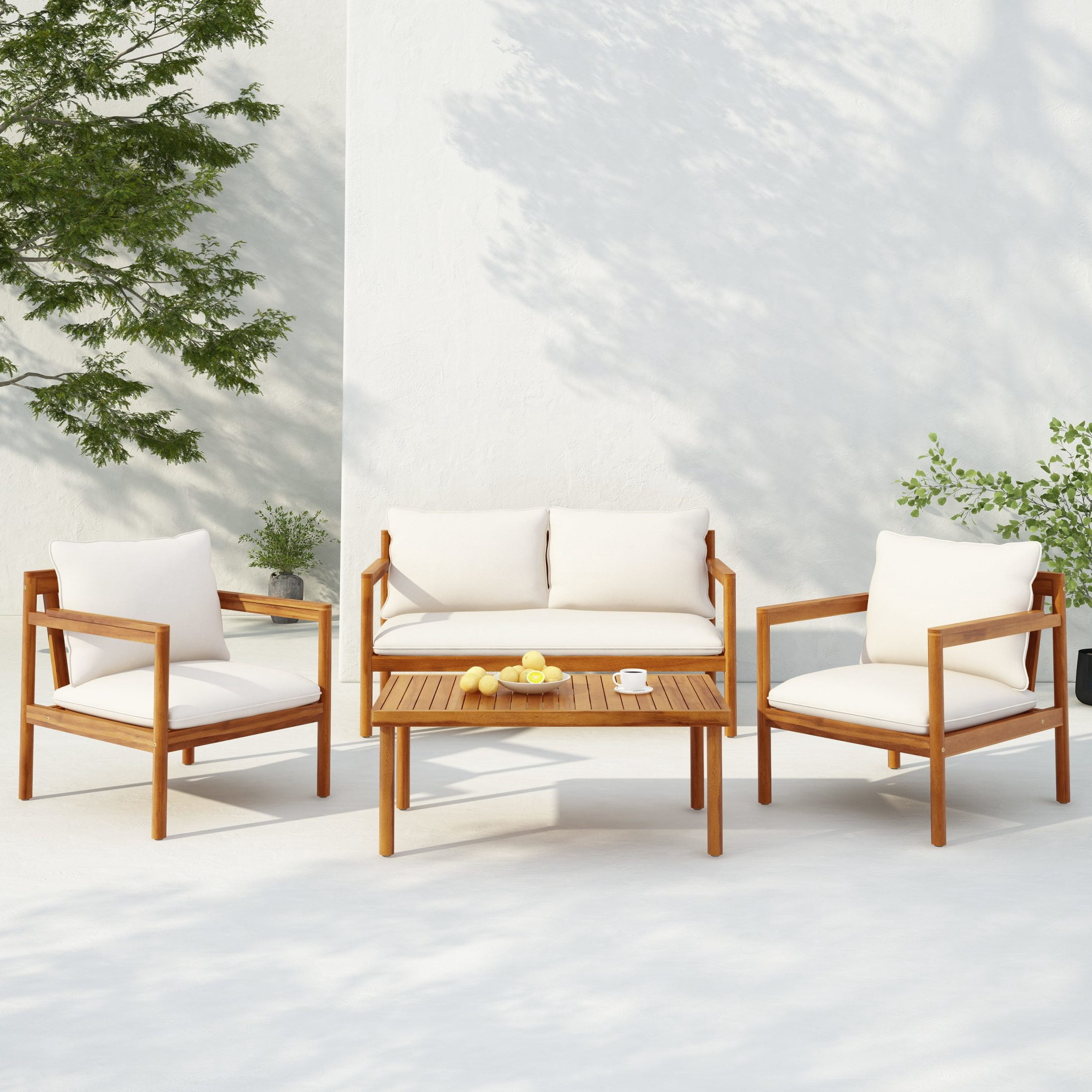 Christopher Knight Home 4-Piece Outdoor Conversation Set with Rope Back Design, Cushions, Acacia Wood Frame, Cream+Teak