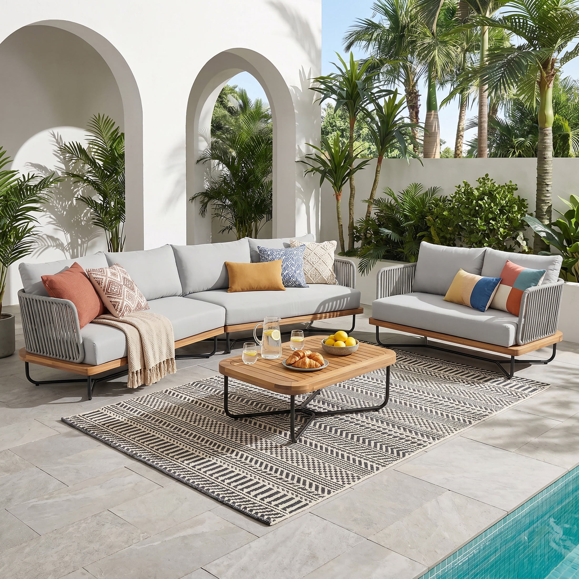 Christopher Knight Home 4-Piece Outdoor Conversation Sofa Set with Coffee Table, Gray Rope, Gray Cushion