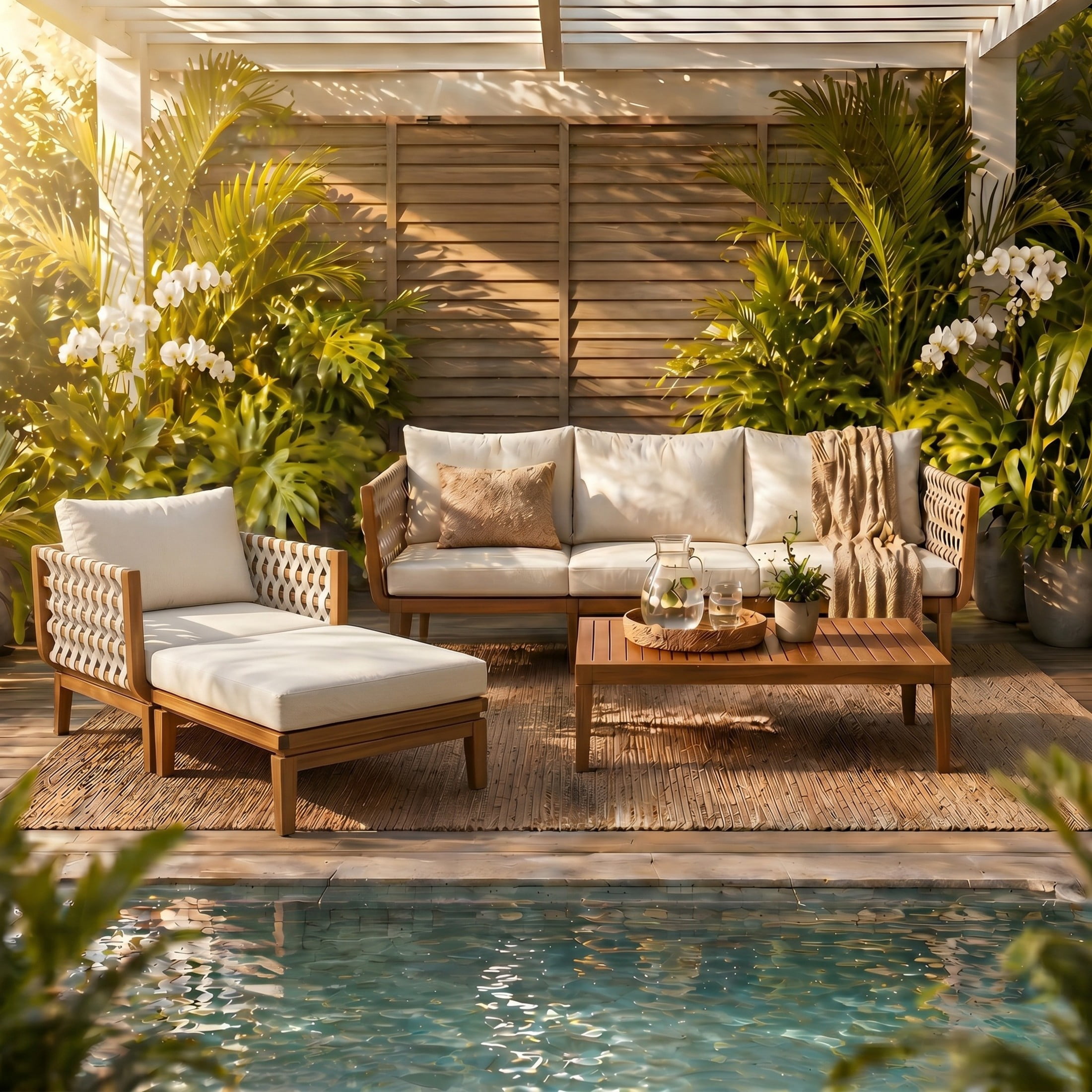 Christopher Knight Home 4-Piece Outdoor Conversation Sofa Set with Ottoman and Coffee Table, Teak+Beige