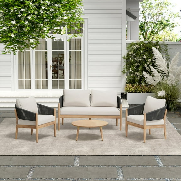 Christopher Knight Home 4-Piece Outdoor Patio Conversation Set with Wood Frame, Cushions and Black Rope