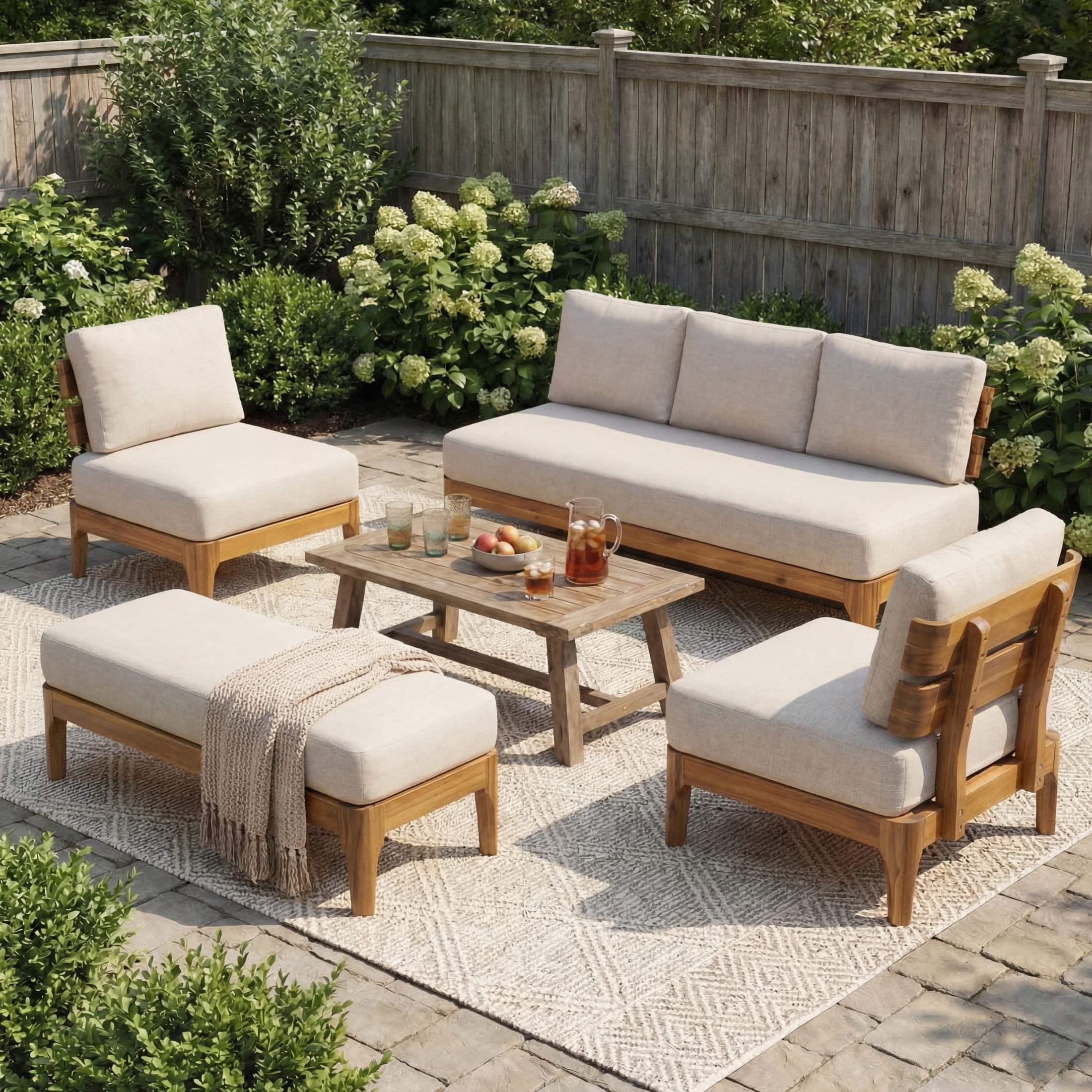 Christopher Knight Home 4-Piece Outdoor Patio Set with Cushions, Acacia Wood Frame, Teak + Beige