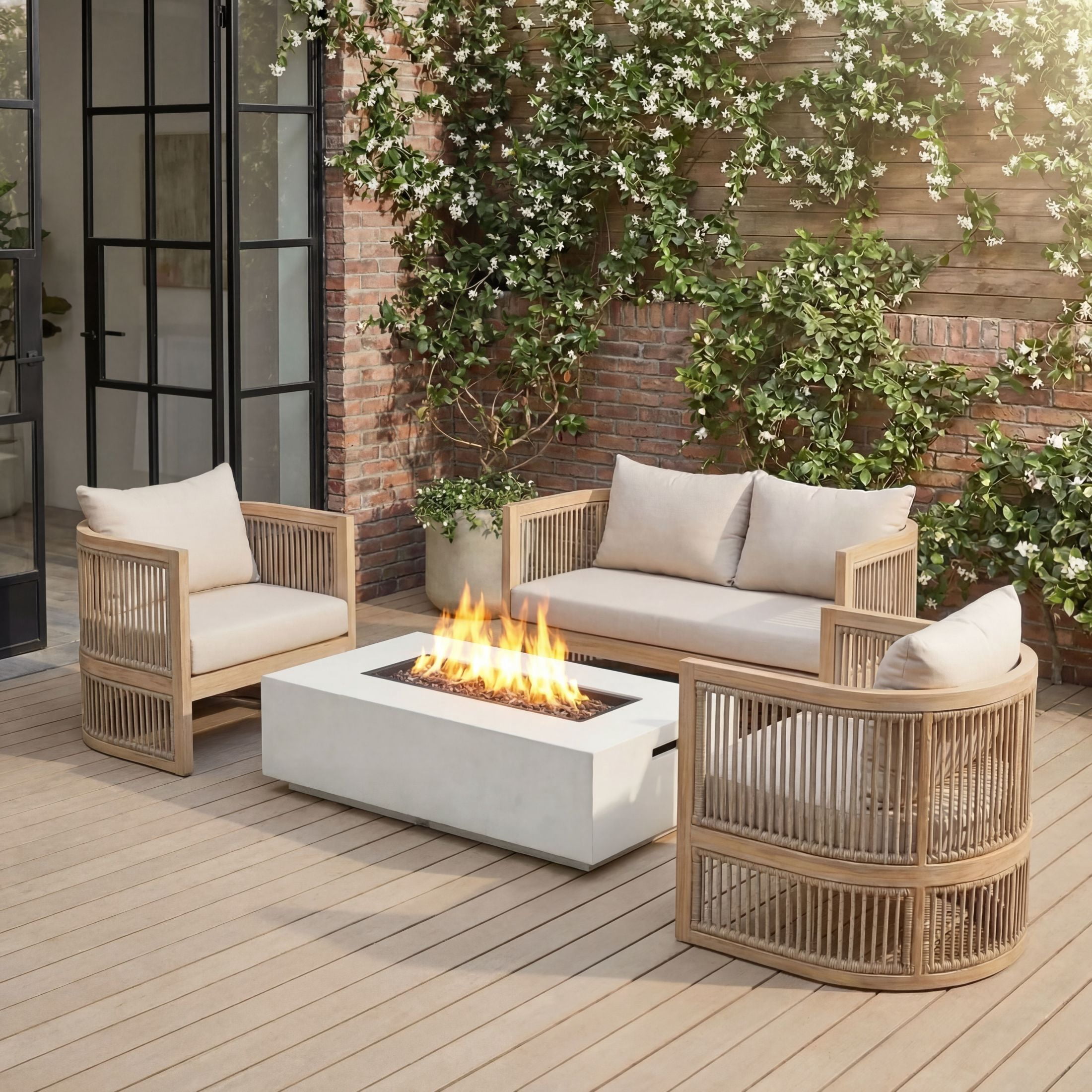 Christopher Knight Home 4-Piece Outdoor Patio Set with Fire Pit Table, Beige Cushions, Light Teak Finish