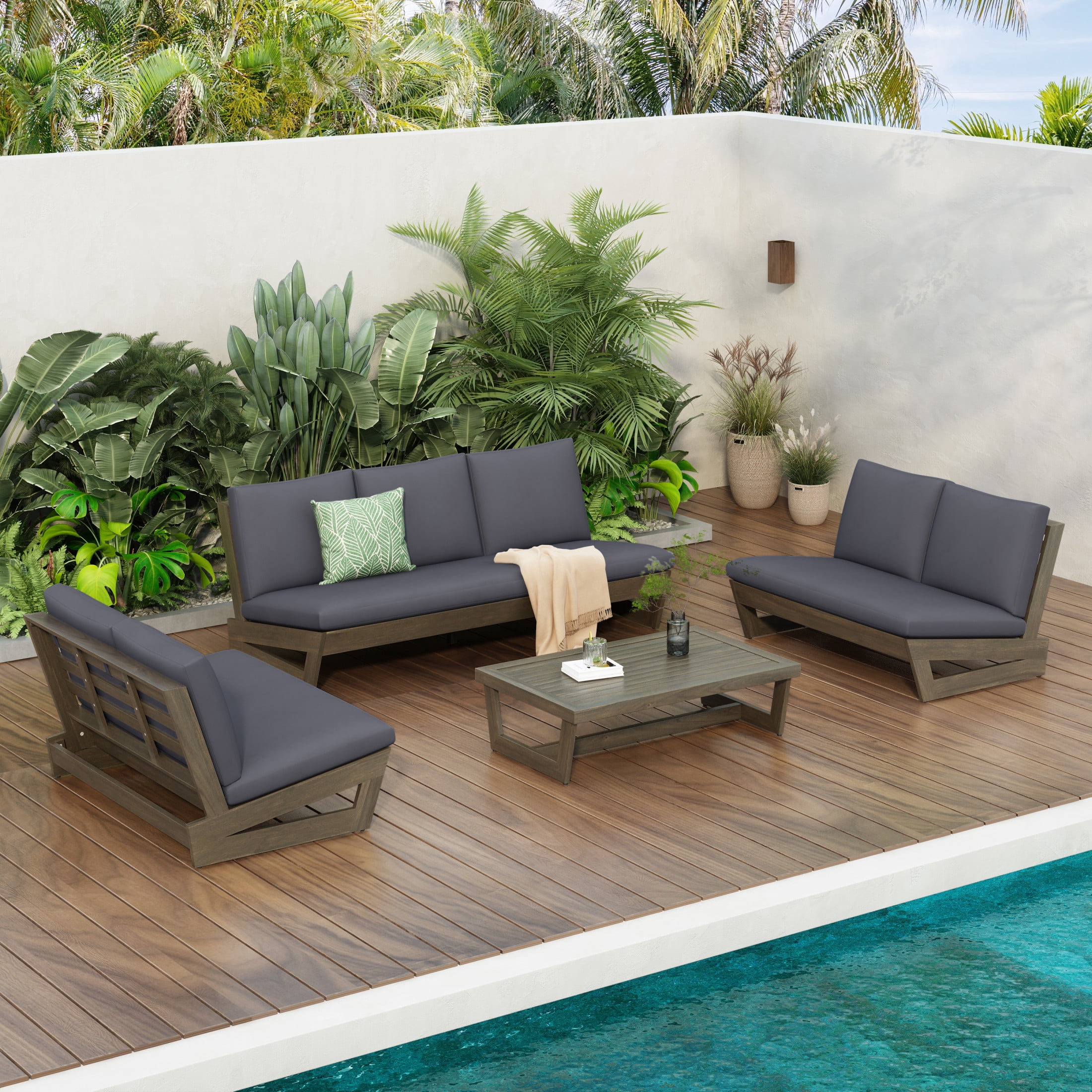Christopher Knight Home 4-Piece Outdoor Patio Sofa Set with Loveseats & Coffee Table, Acacia Wood Frame, Dark Gray