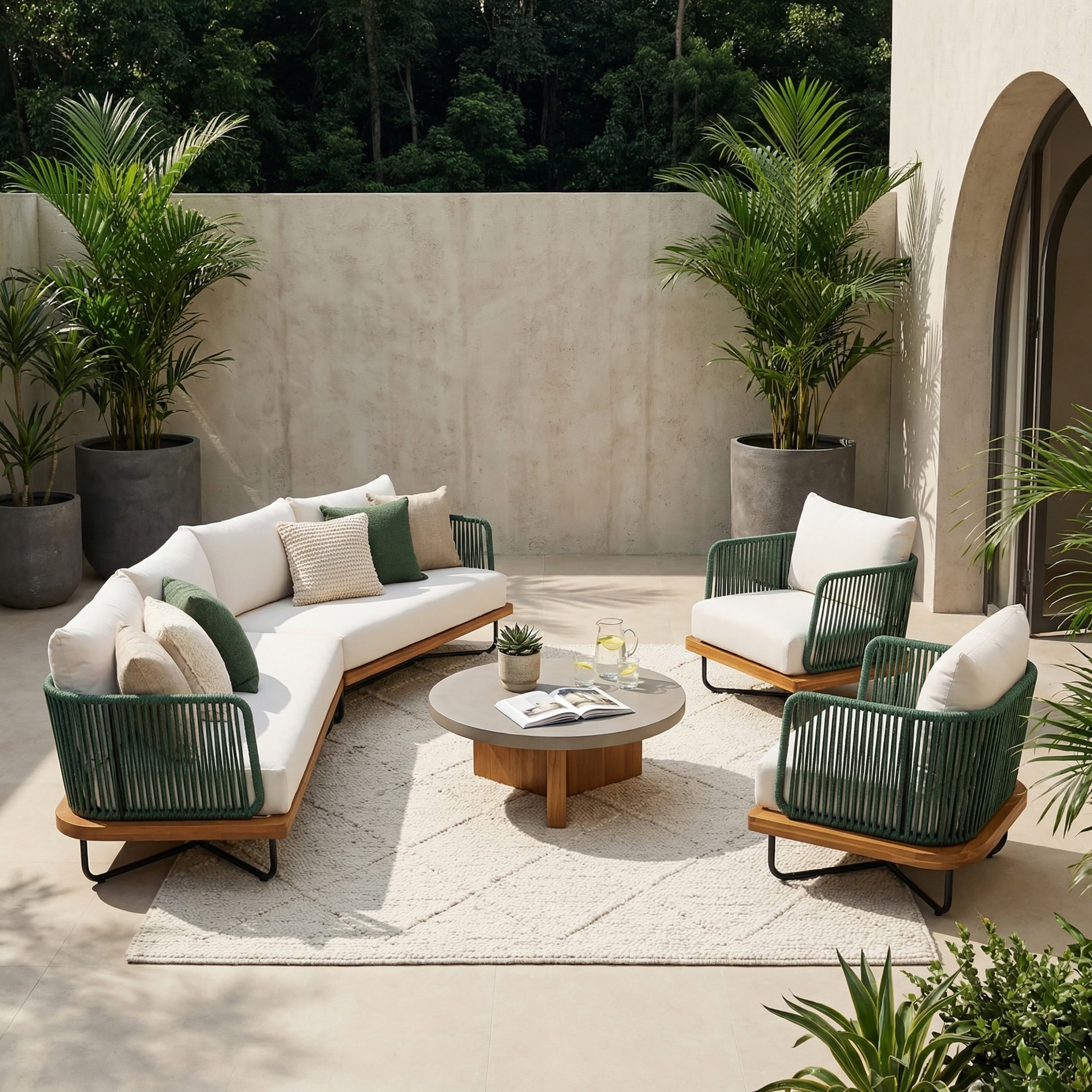 Christopher Knight Home 4-Piece Outdoor Sectional Sofa Set with Club Chairs, Green Rope, Beige Cushion