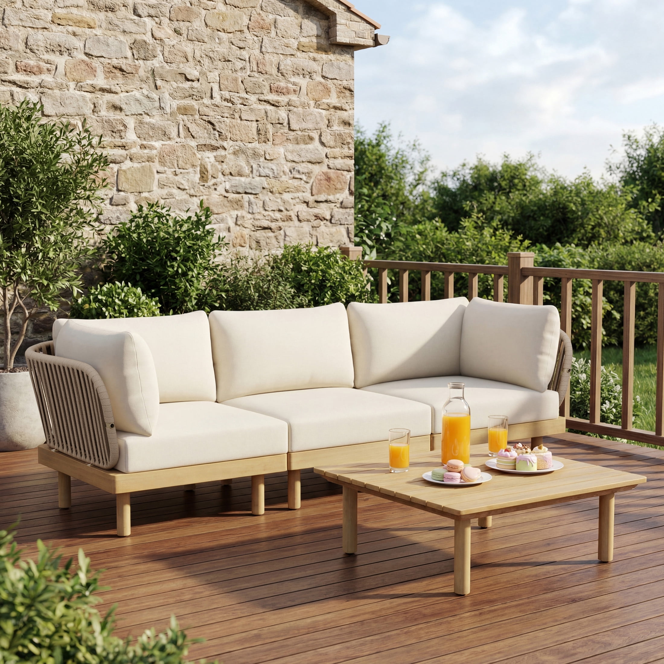 Christopher Knight Home 4-Piece Outdoor Sofa Set with Rope Back and Cushions, Teak+Beige