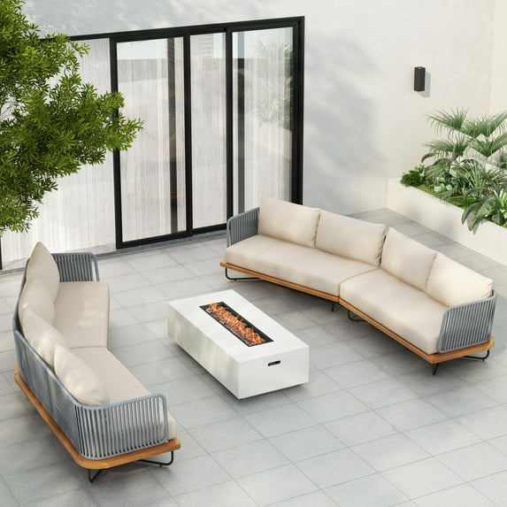 Christopher Knight Home 4-Piece Outdoor Sofa Set with Rope Woven Sides, 8-Seat Sectional with Cushions, Beige+Gray