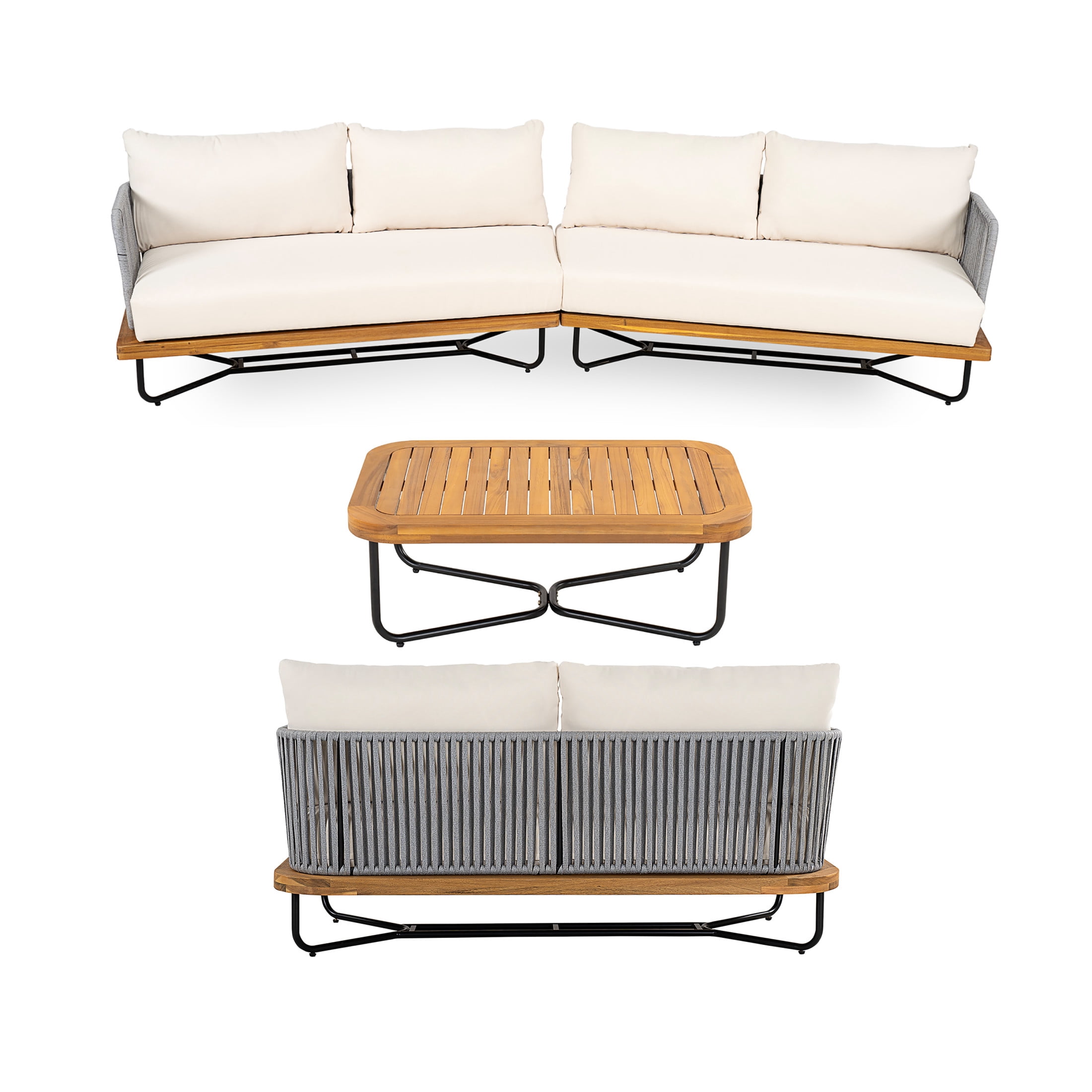 Christopher Knight Home 4-Piece Outdoor Sofa Set with Wood Table, Gray Rope Woven Chairs, 6-seat Metal Sectional, Beige