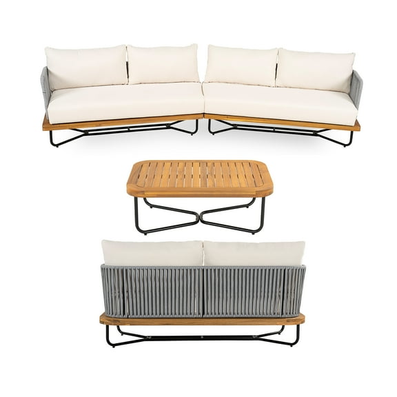 Christopher Knight Home 4-Piece Outdoor Sofa Set with Wood Table, Gray Rope Woven Chairs, 6-seat Metal Sectional, Beige