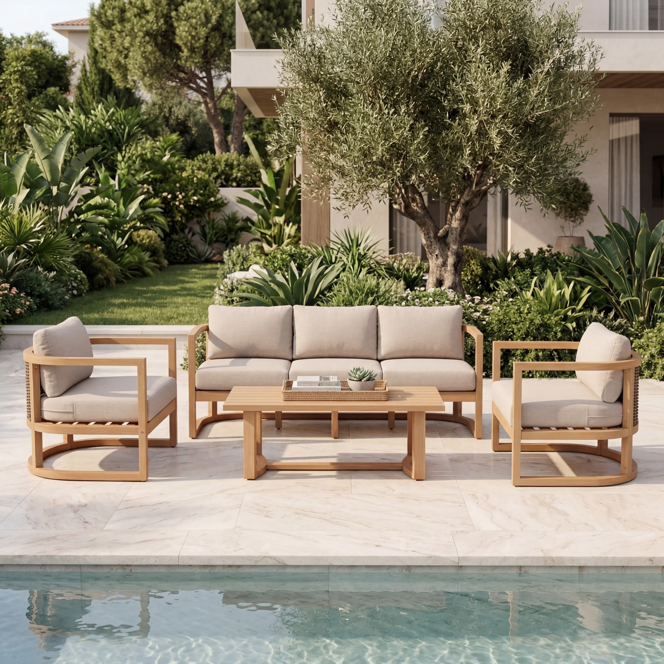 Christopher Knight Home 4-Piece Outdoor Wood Sofa Set with Table, Wicker Back and Beige Cushion, Light Teak