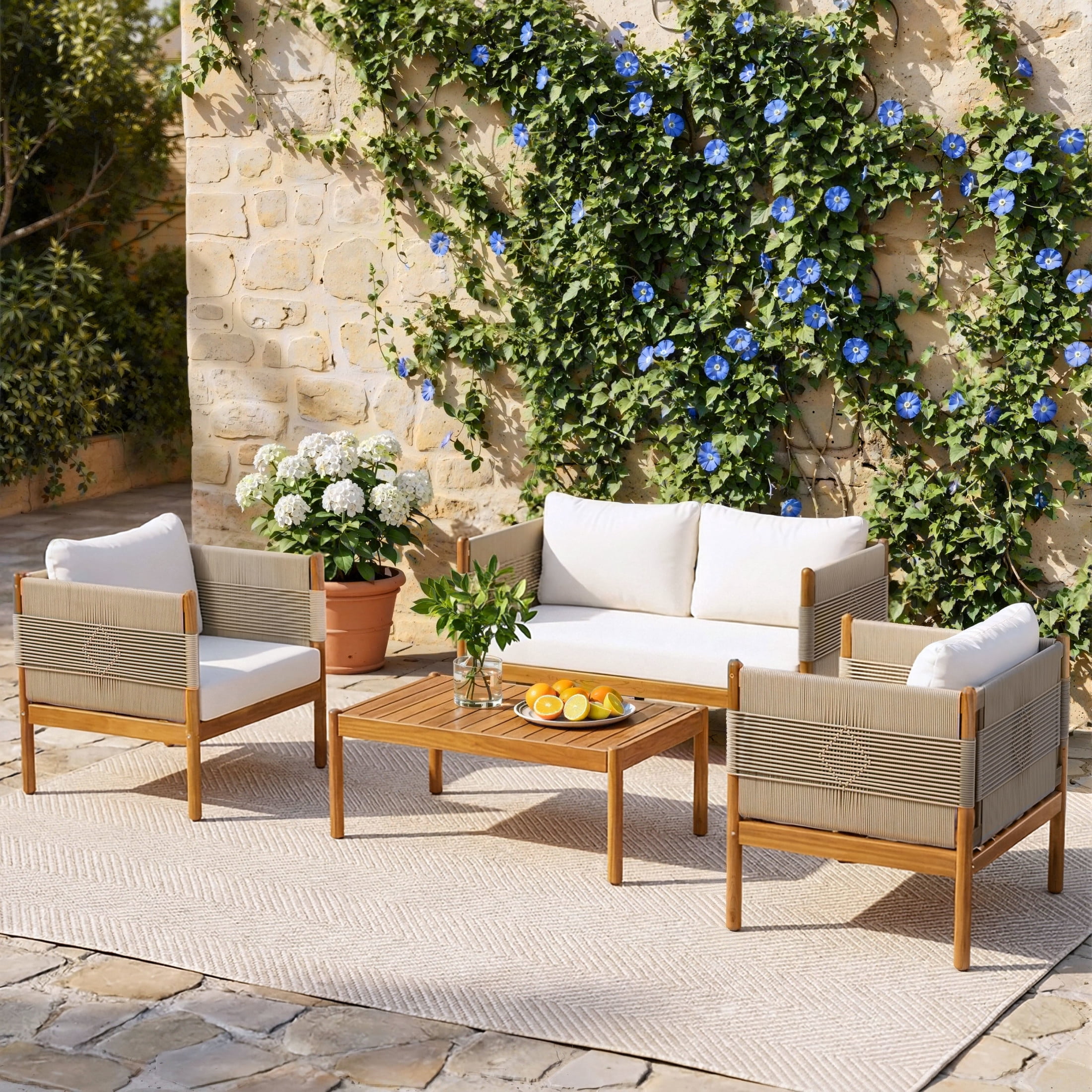 Christopher Knight Home 4-Piece Outdoor Wooden Loveseat, Coffee Table and Club Chairs Set, Beige+Teak
