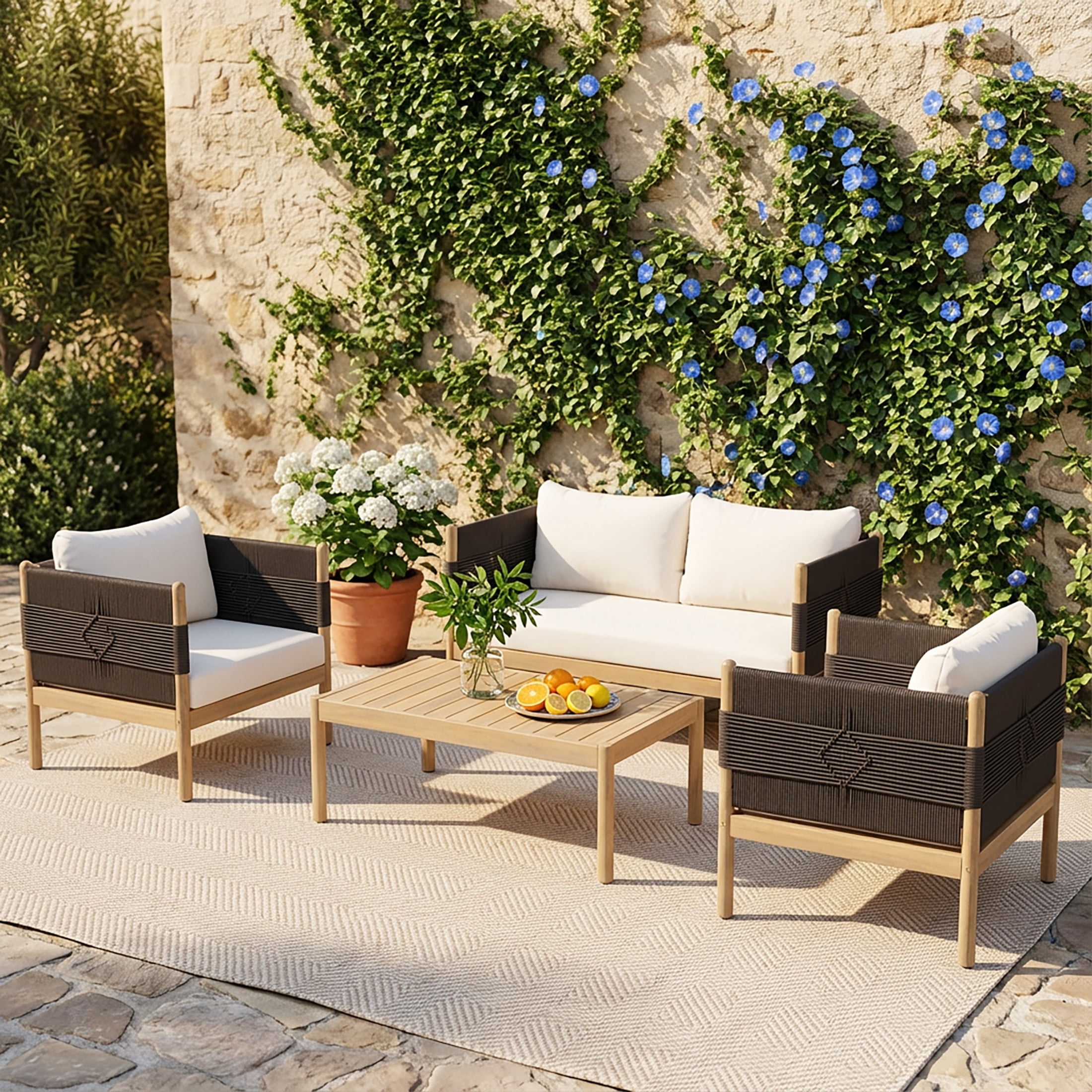 Christopher Knight Home 4-Piece Outdoor Wooden Loveseat, Coffee Table and Club Chairs Set, Black+LightTeak