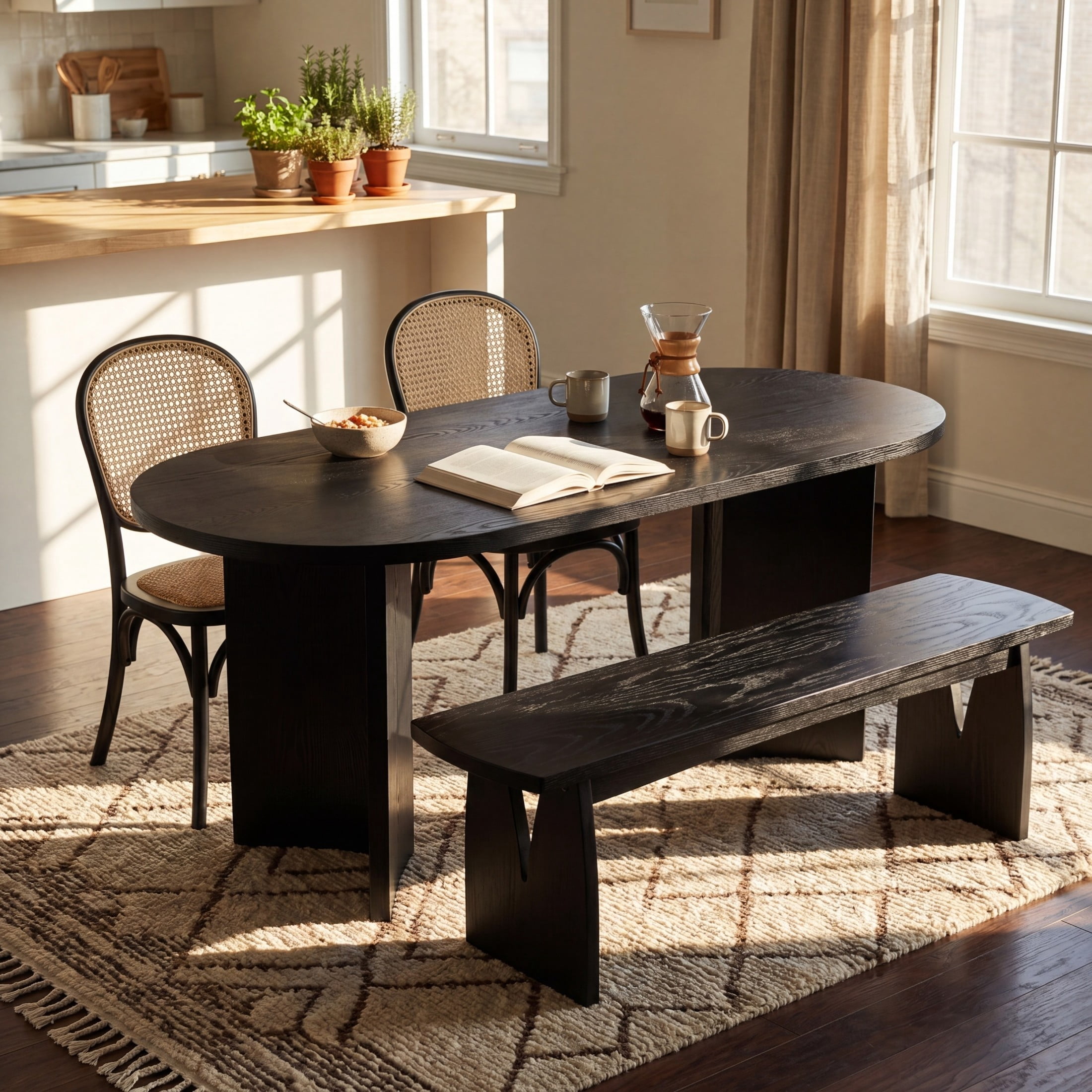 Christopher Knight Home 4-Piece Oval Dining Set for 4, Modern Table with Bench and Rattan Chairs, Black