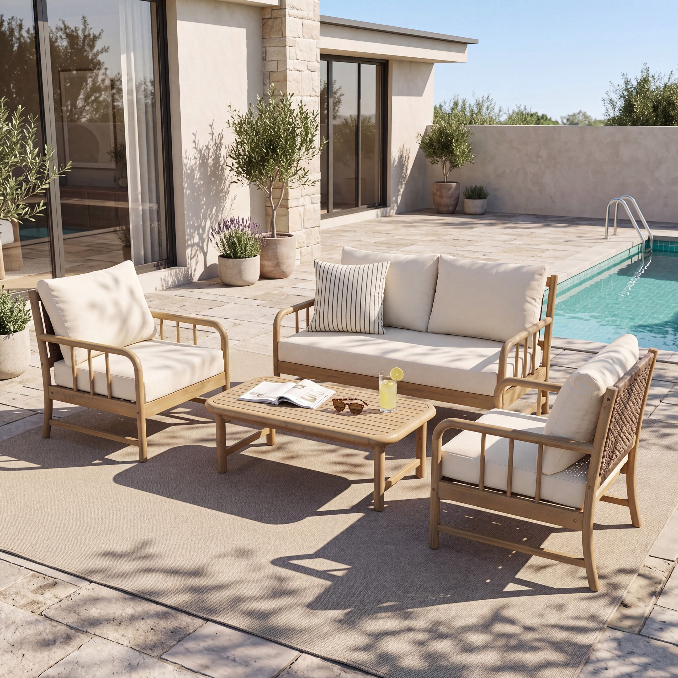 Christopher Knight Home 4-Piece Patio Chat Set, Acacia Wood Seating and Coffee Table, Light Teak + Beige