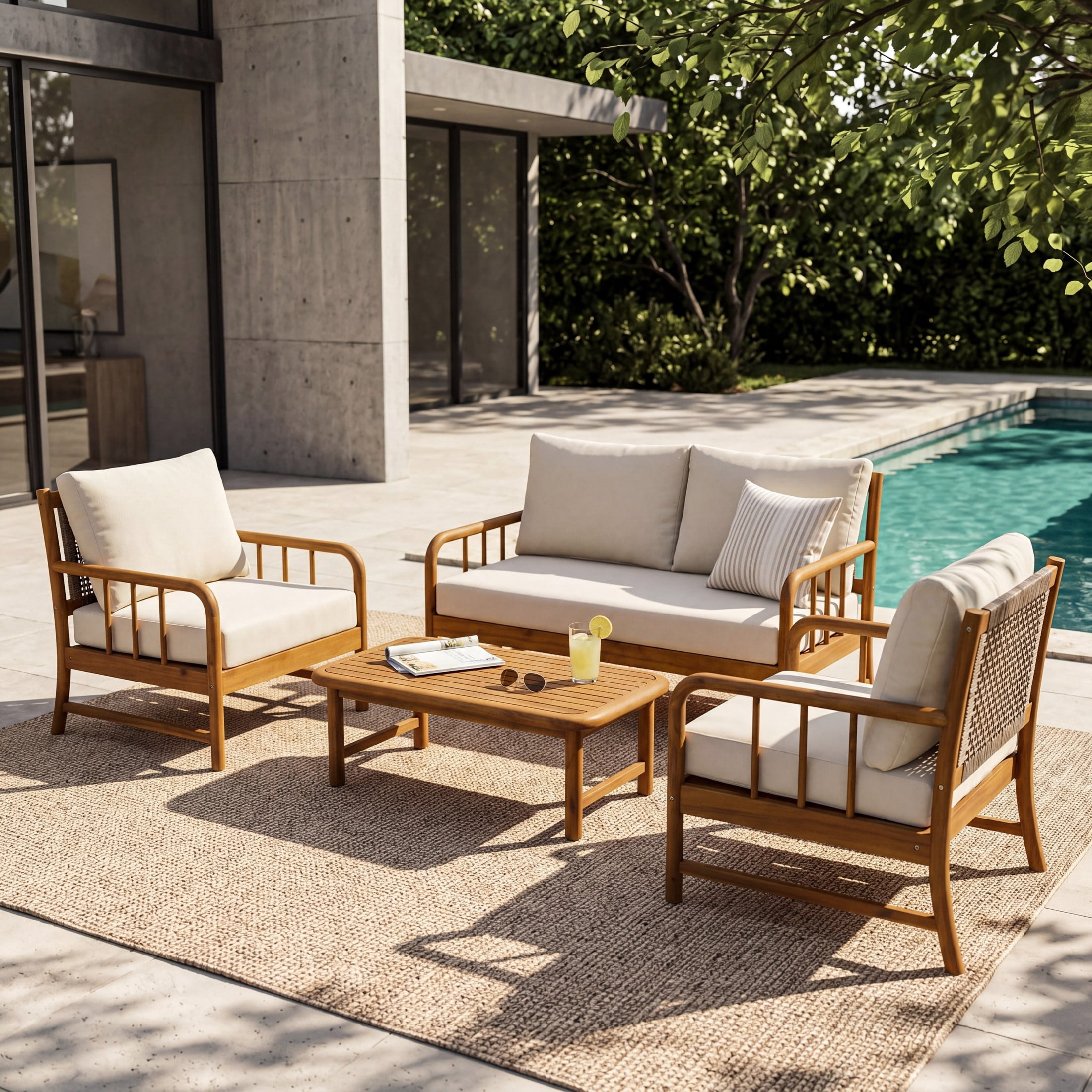 Christopher Knight Home 4-Piece Patio Chat Set, Acacia Wood Seating and Coffee Table, Teak + Beige