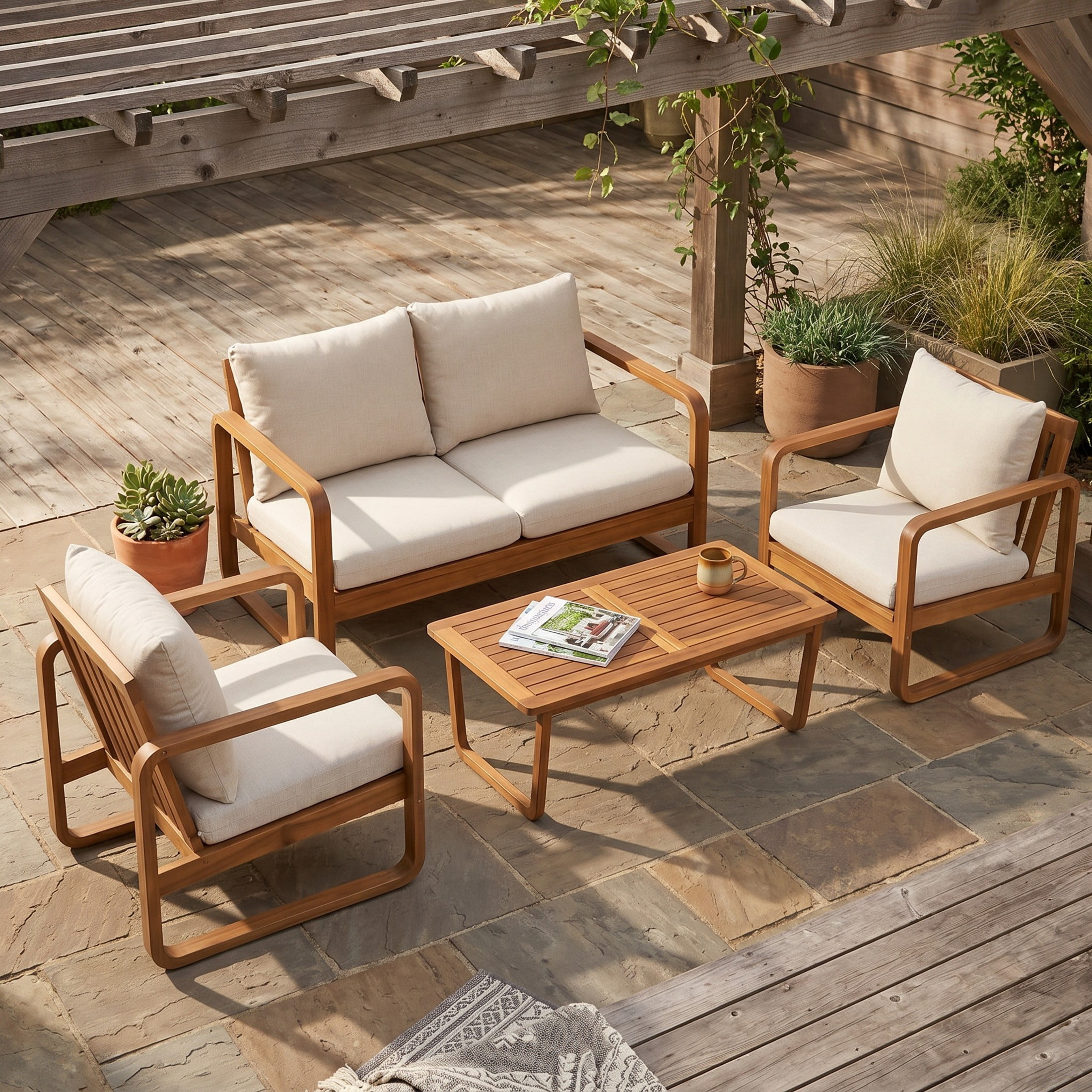 Christopher Knight Home 4-Piece Patio Conversation Set, Acacia Wood Sofa, Chairs & Table, Teak+Beige