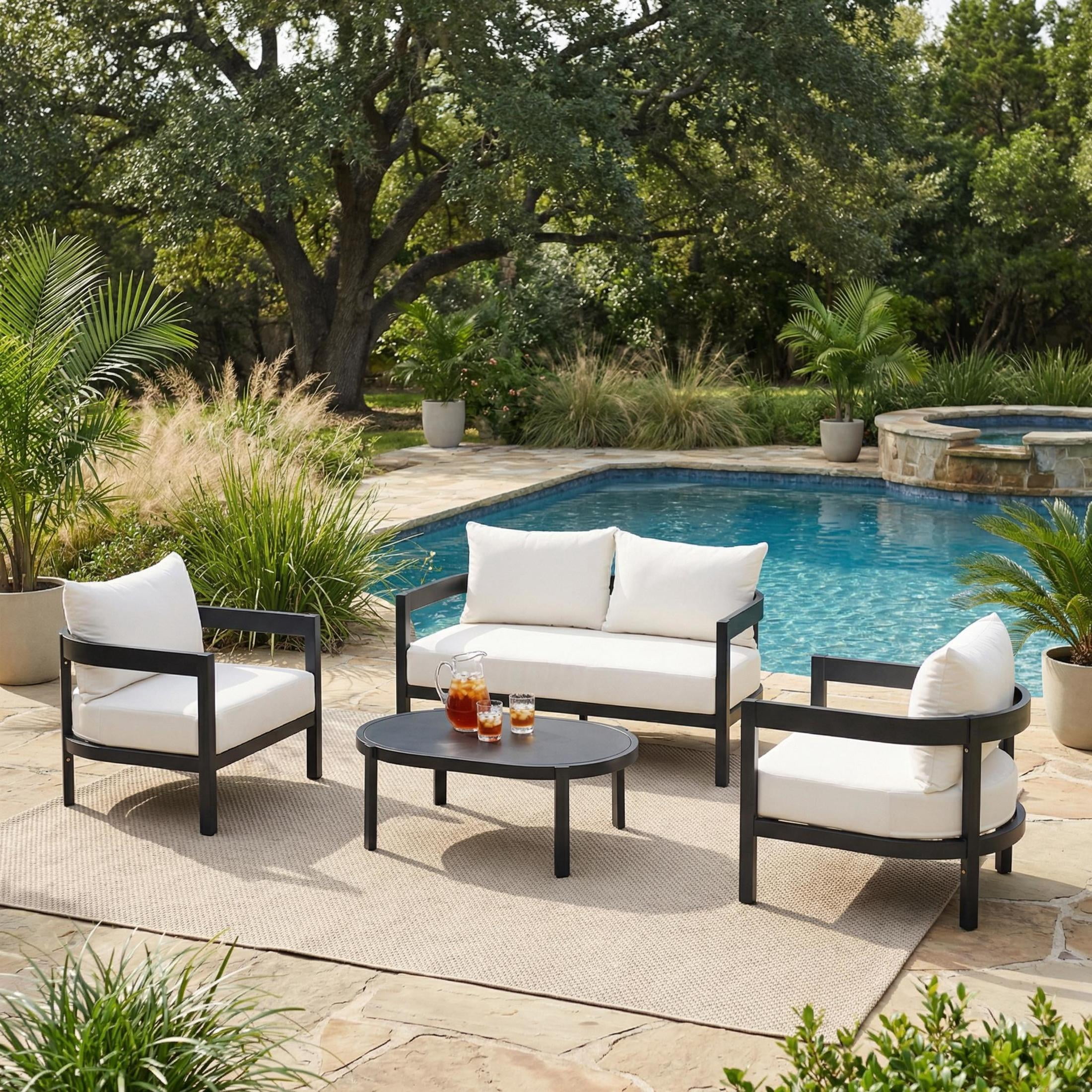 Christopher Knight Home 4 Piece Patio Conversation Set, Aluminum Sofa Chairs with Glass Table, Black + White