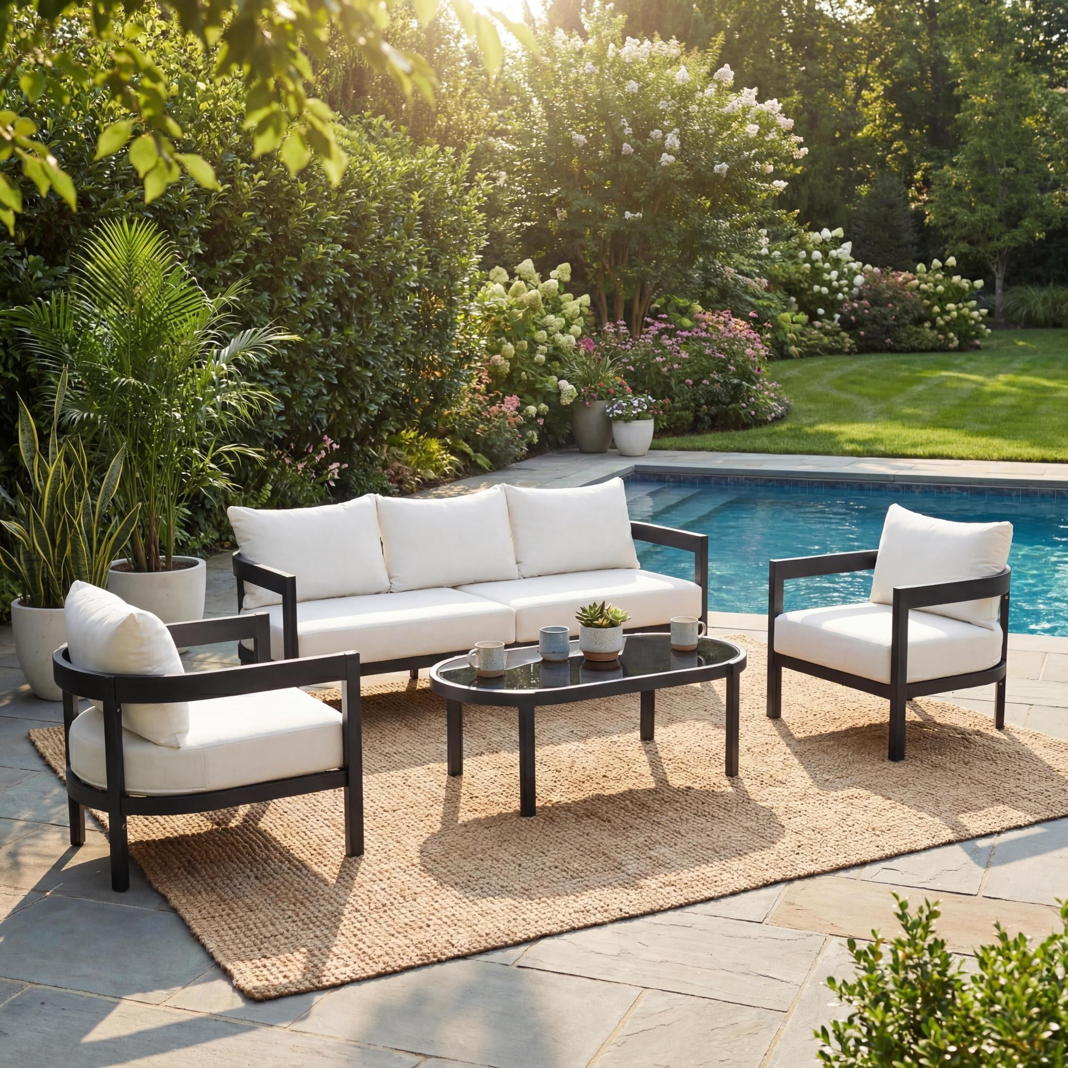Christopher Knight Home 4 Piece Patio Conversation Set, Aluminum Sofa Chairs with Glass Table, Black + White