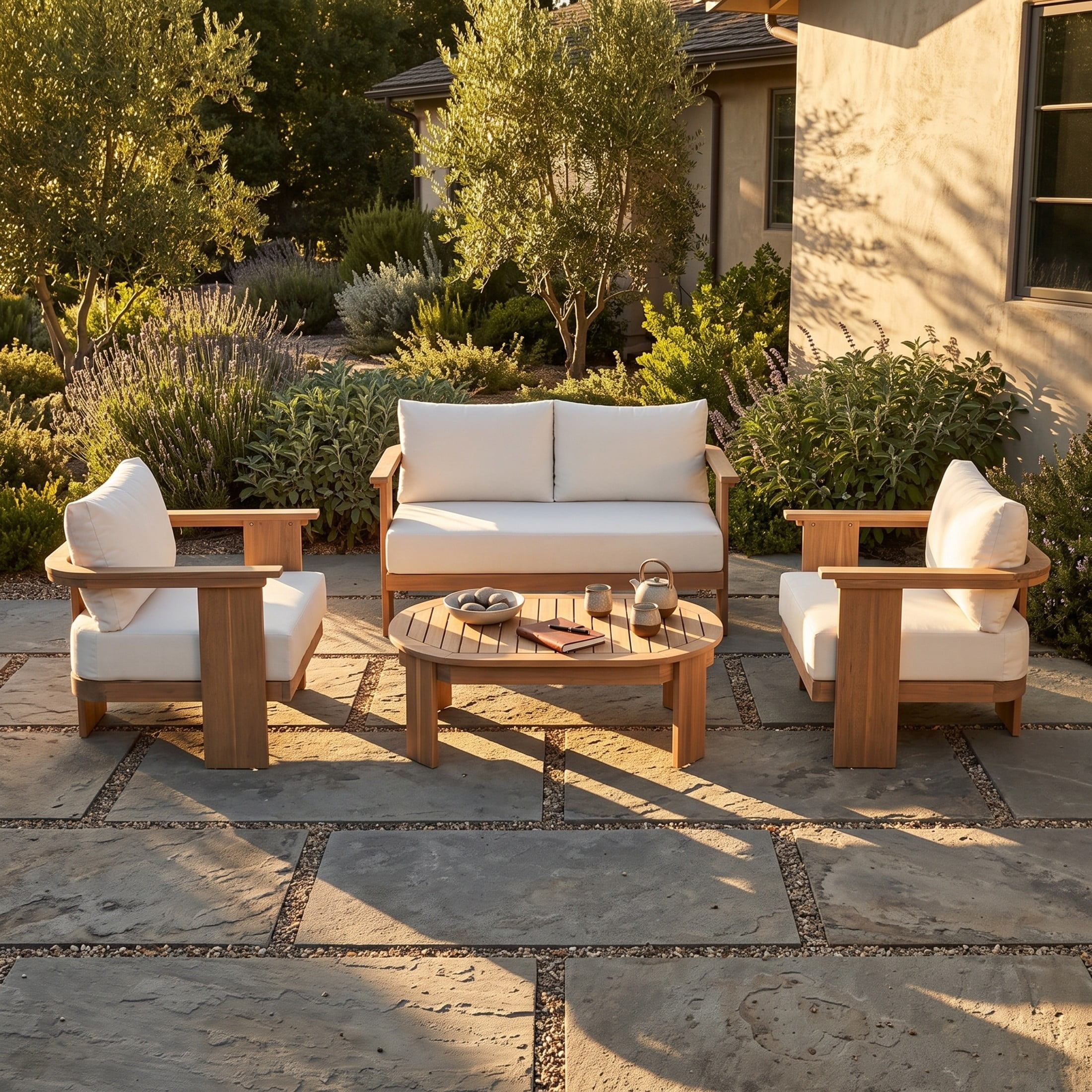 Christopher Knight Home 4-Piece Patio Conversation Set with Coffee Table, Beige Cushions, Light Teak