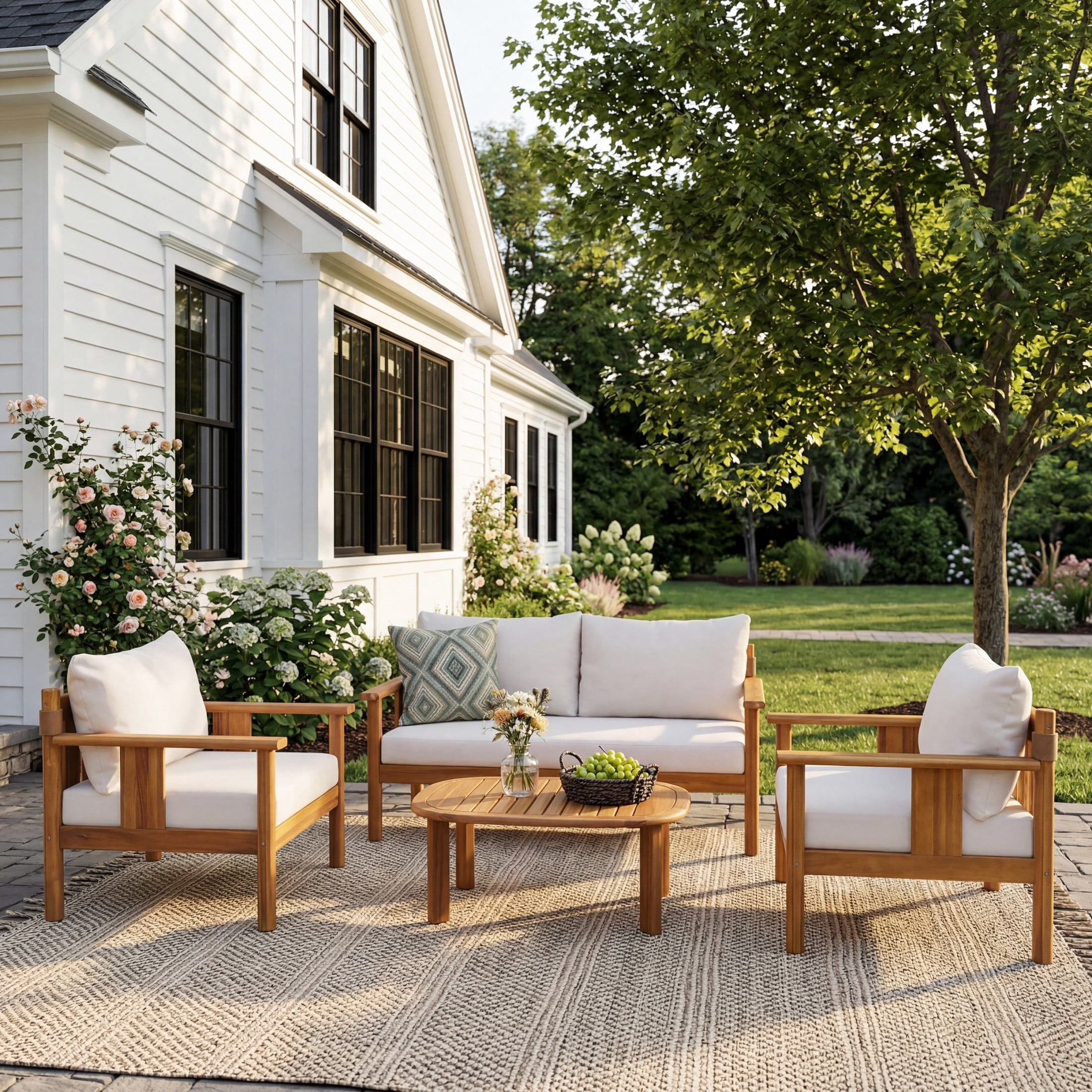 Christopher Knight Home 4 Piece Patio Conversation Set with Cushion, Textilene Backrest, Teak + Beige