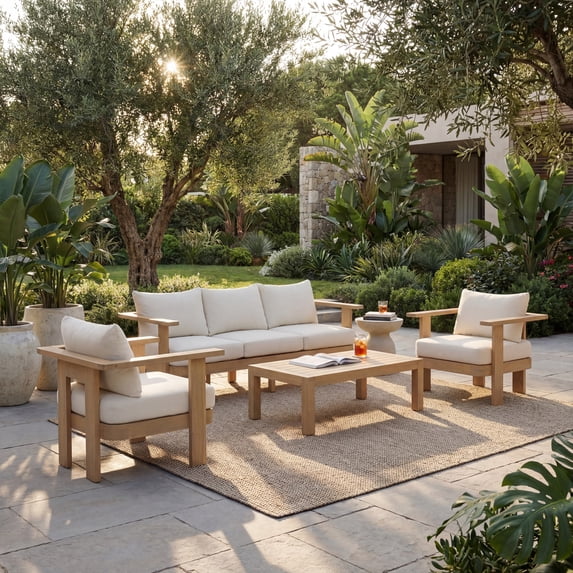 Christopher Knight Home 4-Piece Patio Conversation Set with Cushions, Coffee Table, Light Teak + Cream