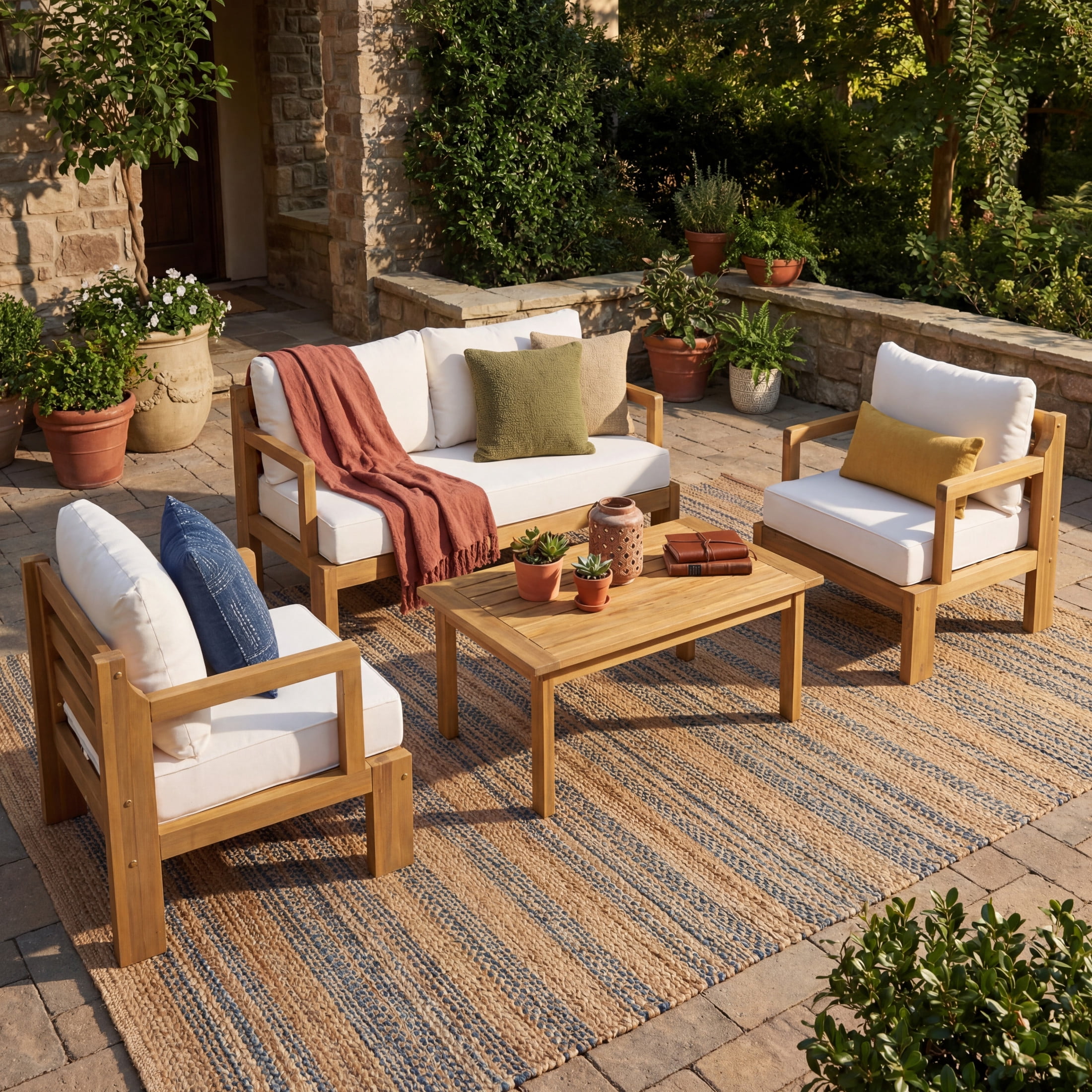 Christopher Knight Home 4-Piece Patio Conversation Set with Cushions, Coffee Table, Natural + Beige