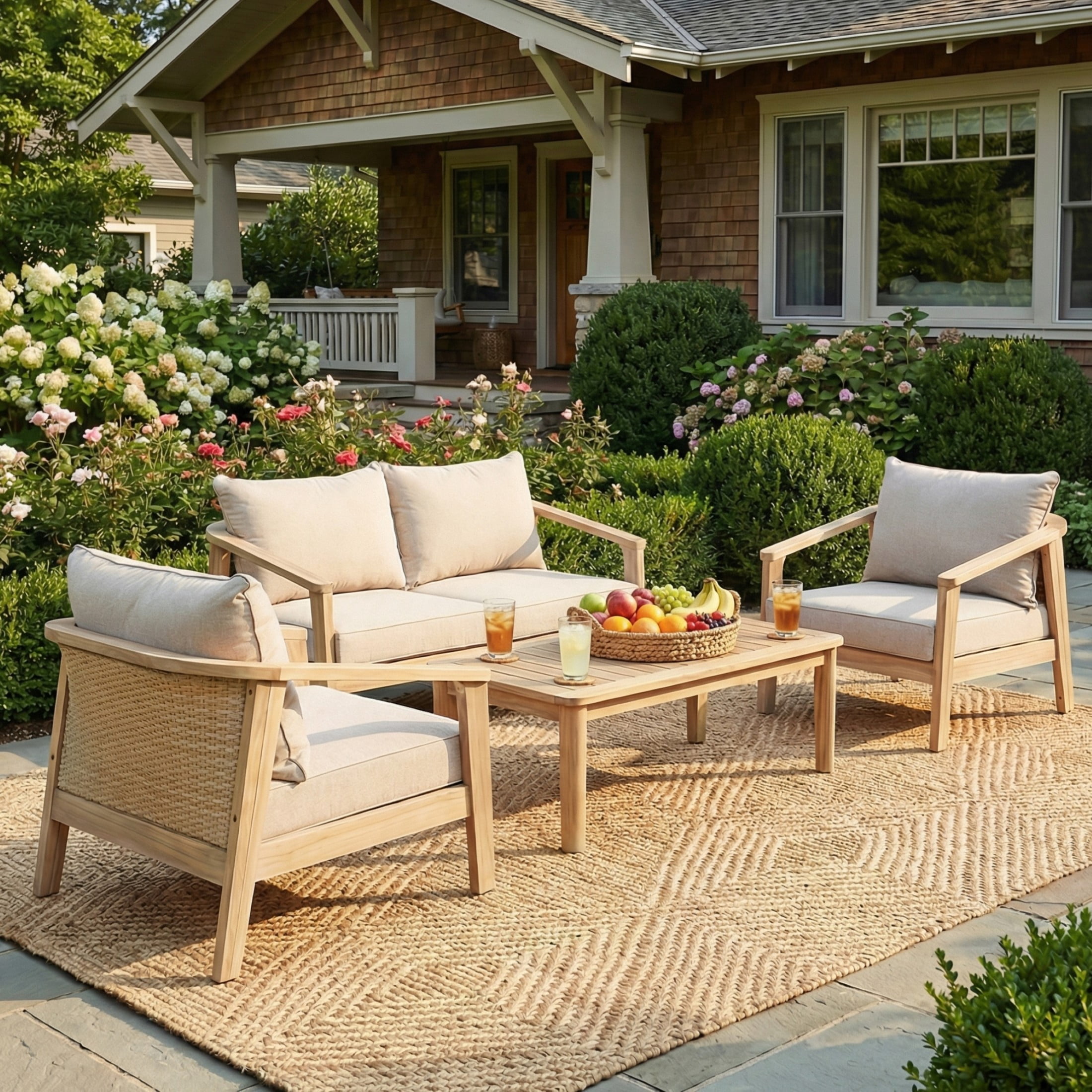 Christopher Knight Home 4 Piece Patio Conversation Set with Cushions, Wicker Backrest, Light White + Beige