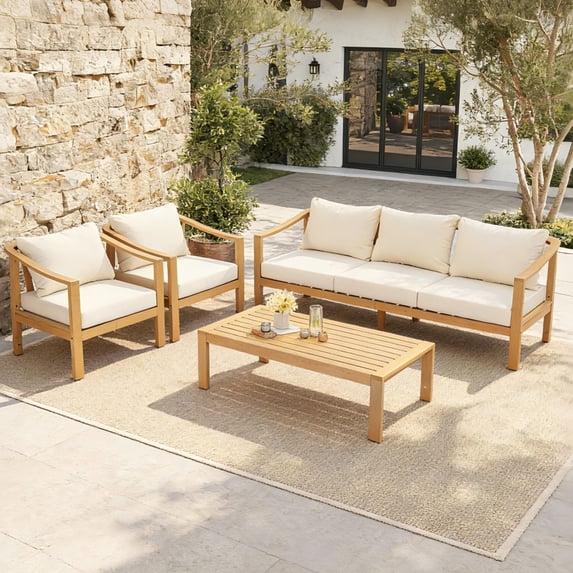 Christopher Knight Home 4-Piece Patio Conversation Set with Slatted Design, Coffee Table, Light Teak + Cream