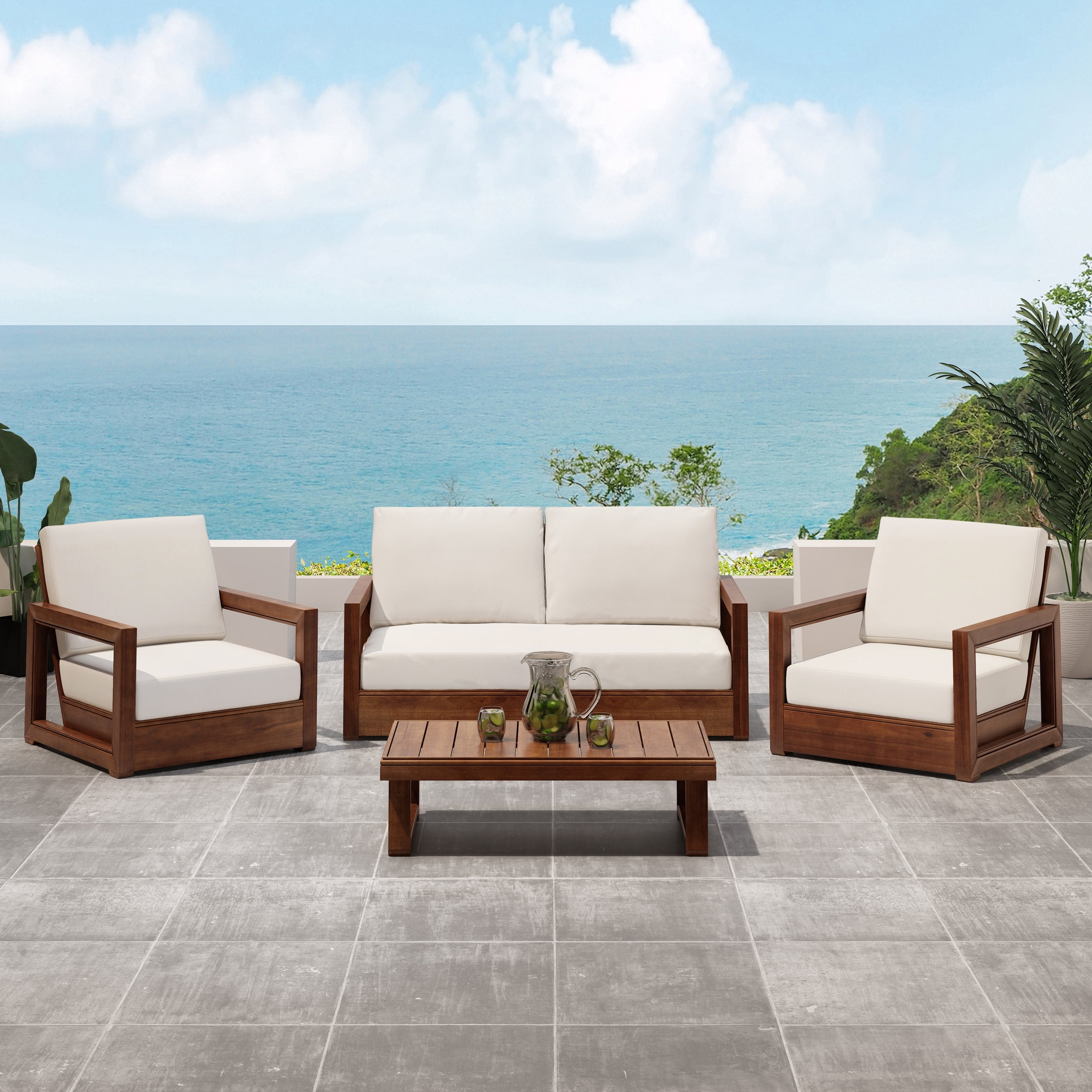 Christopher Knight Home 4-Piece Patio Outdoor Furniture Set, Mocha Finish Acacia Wood Frame and Beige Cushions