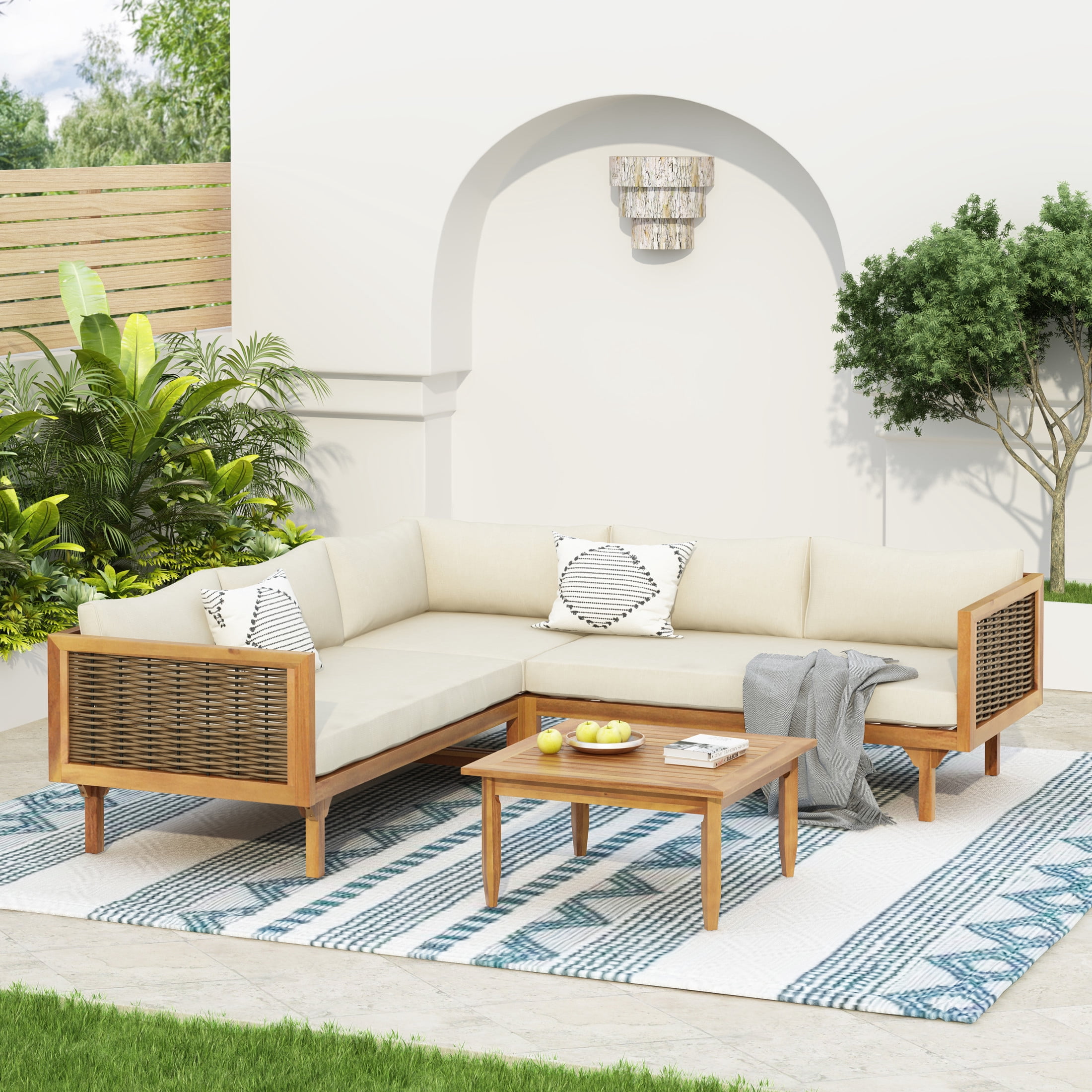 Christopher Knight Home 4-Piece Patio Wicker Conversation Set, Sectional Sofa Set with Coffee Table & Beige Cushions