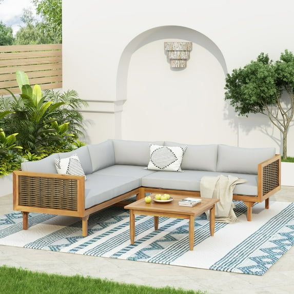 Christopher Knight Home 4-Piece Patio Wicker Conversation Set, Sectional Sofa Set with Coffee Table & Light Grey Cushions
