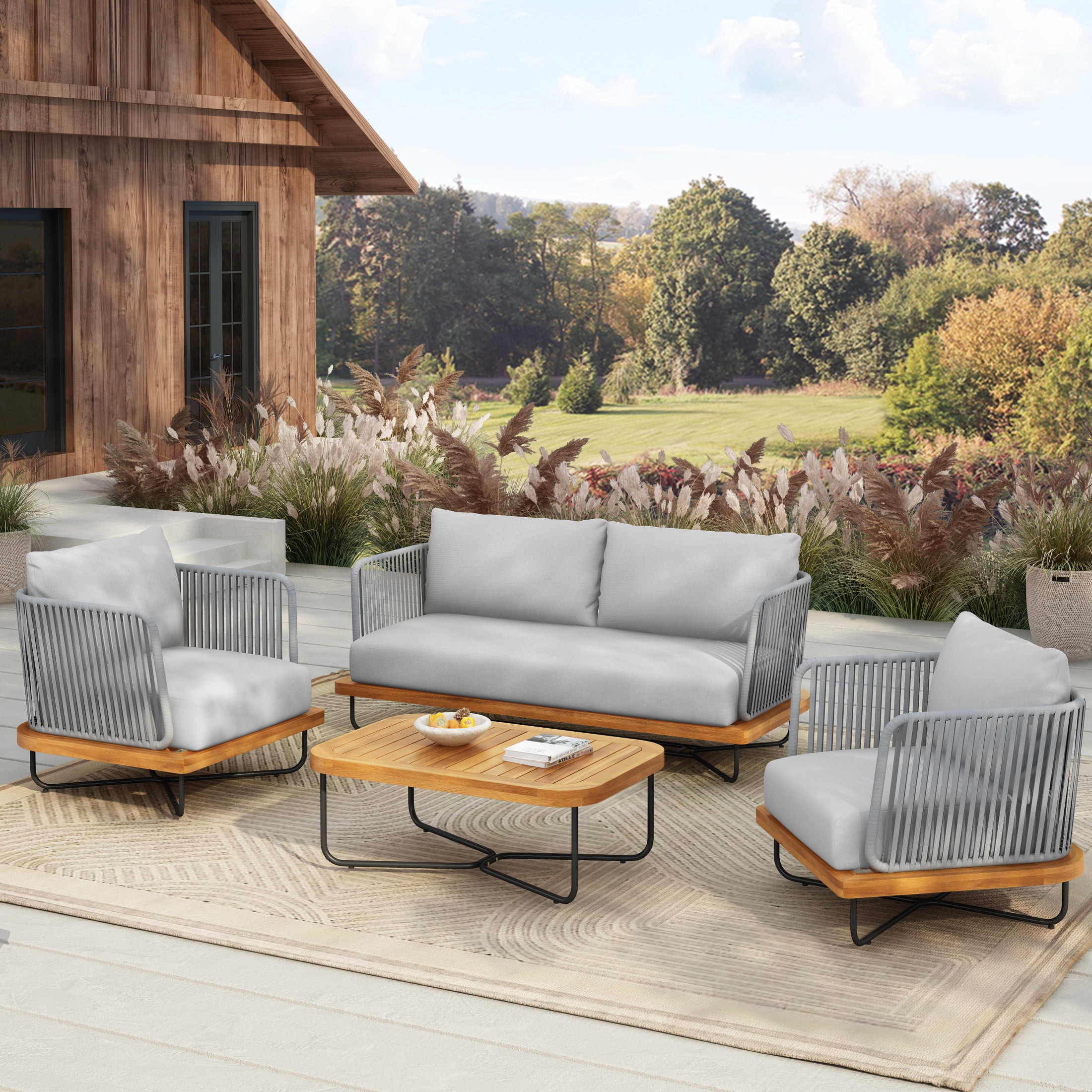 Christopher Knight Home 4-Piece Rope Woven Outdoor Conversation Set with Wood and Iron Frame, Grey Cushions