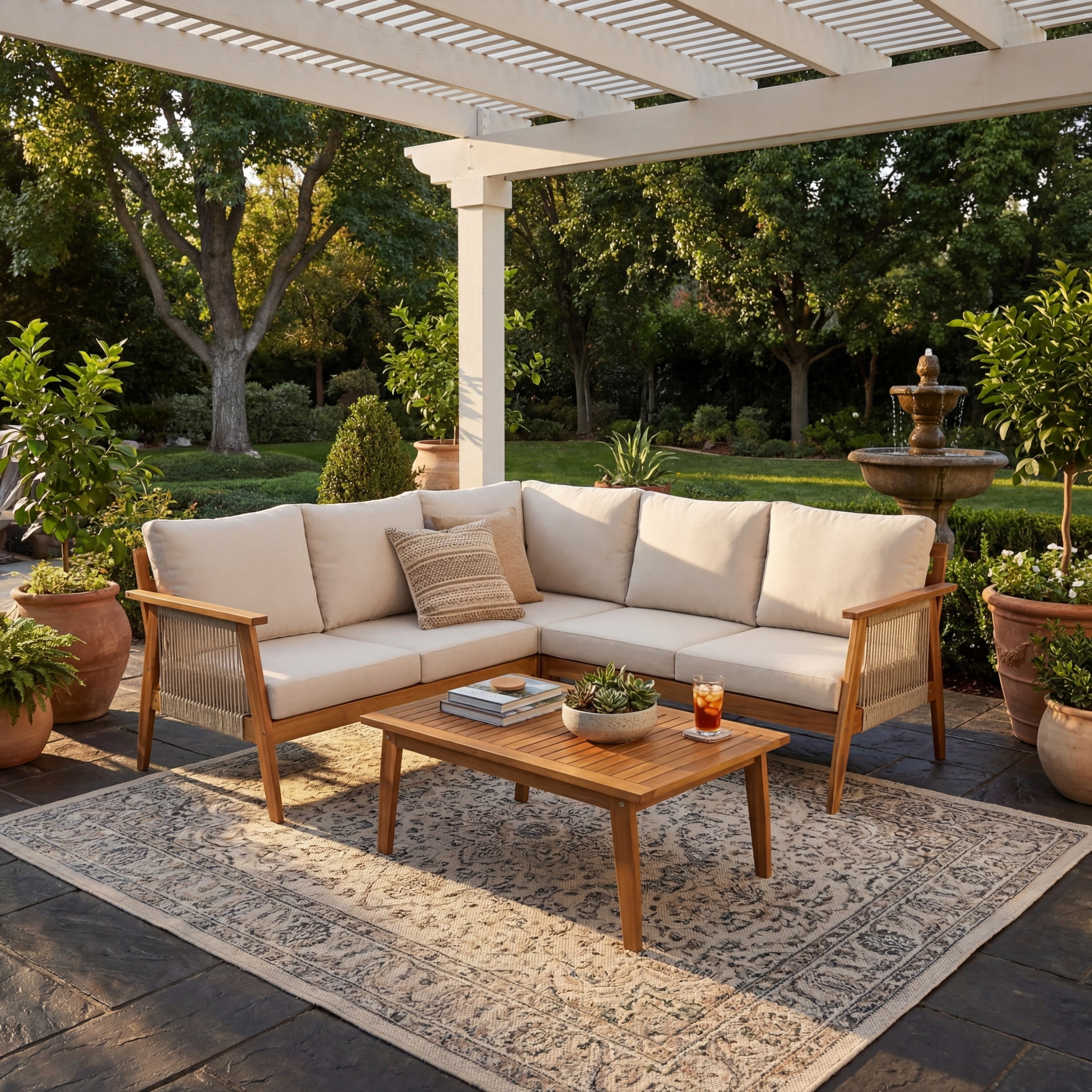 Christopher Knight Home 4-Piece Teak Outdoor Sectional Sofa Set with Table, Rope Accents, Beige Cushion