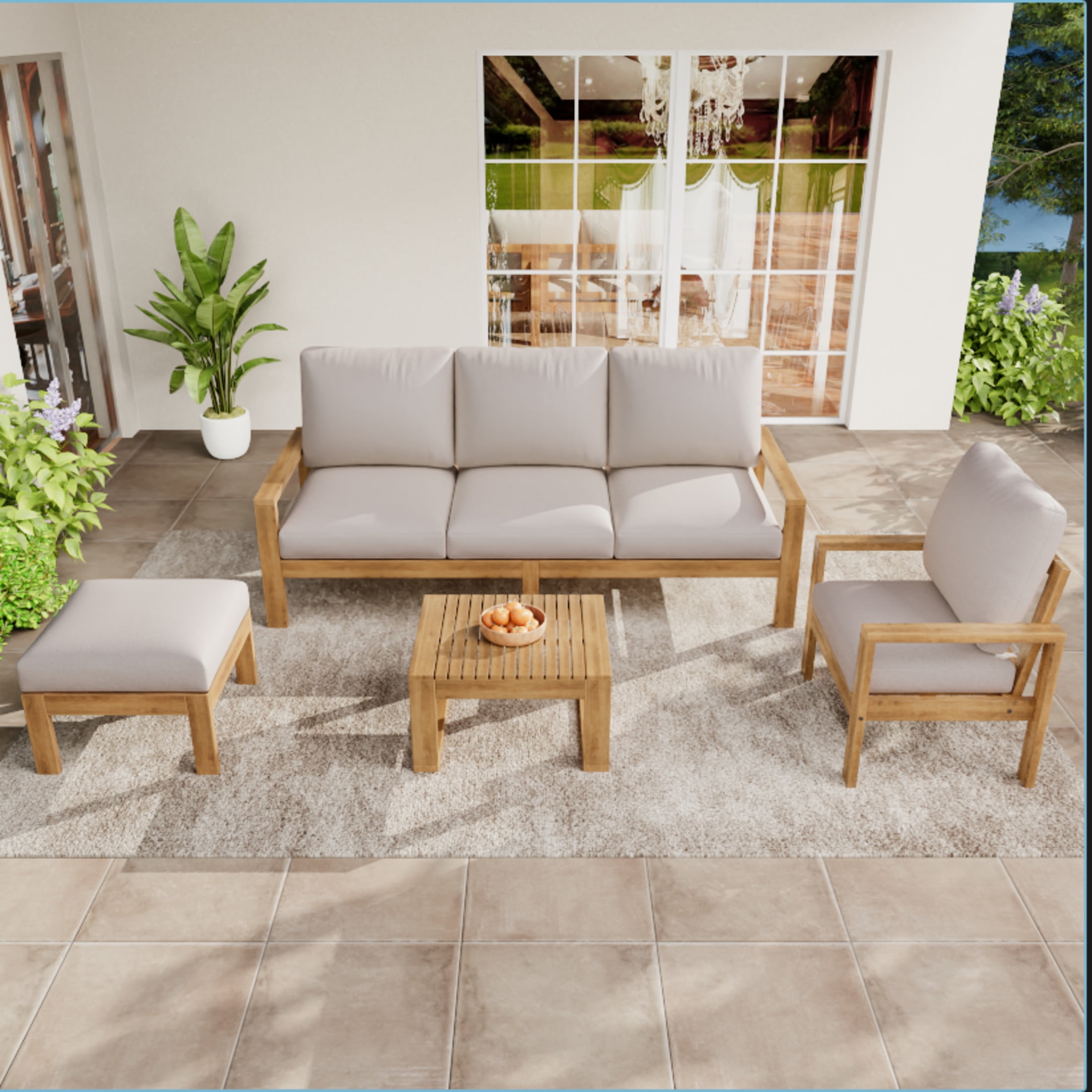 Christopher Knight Home 4-Piece Wood Outdoor Conversation Set, Deep Seating with Ottoman and Coffee Table, Beige Cushions