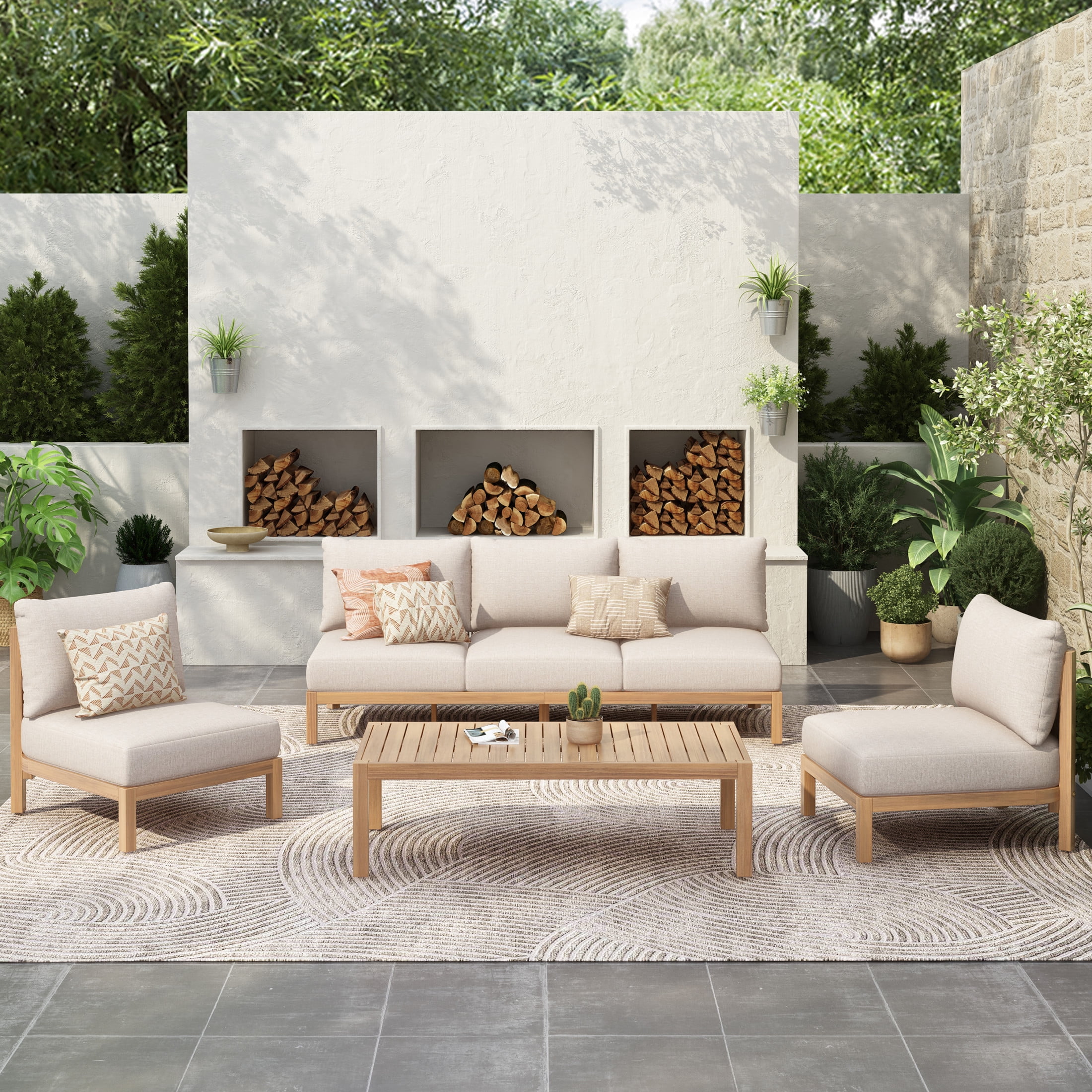 Christopher Knight Home 4-Piece Wood Outdoor Sofa Set with Rope Back and Beige Cushions, Light Teak