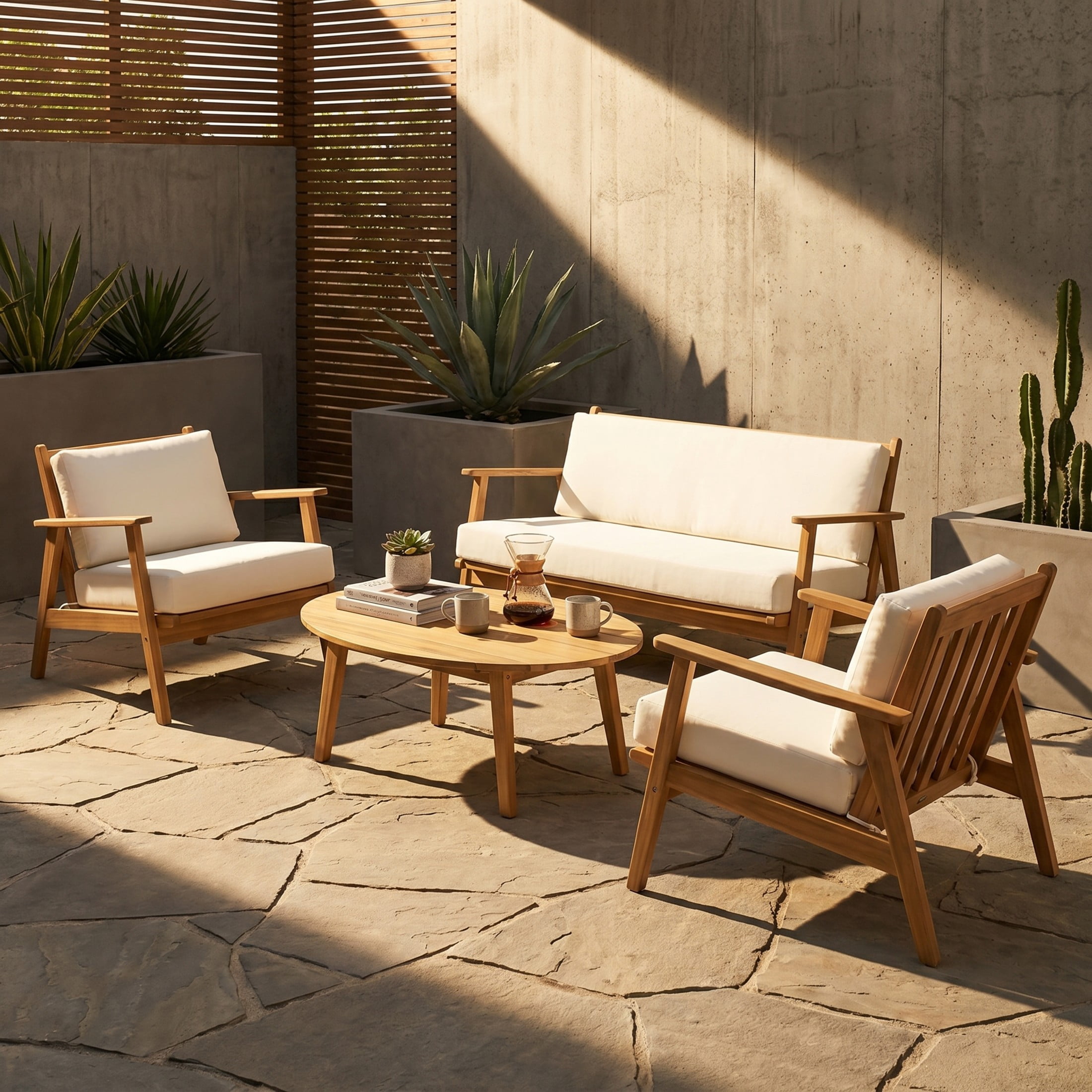 Christopher Knight Home 4-Piece Wood Patio Conversation Set with Loveseat, Chairs & Table, Light Teak+Beige