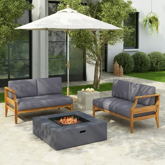 Christopher Knight Home 4-Seat Outdoor Patio Sectional Sofa Set with Cushions, Slatted Wood Frame, Dark Gray