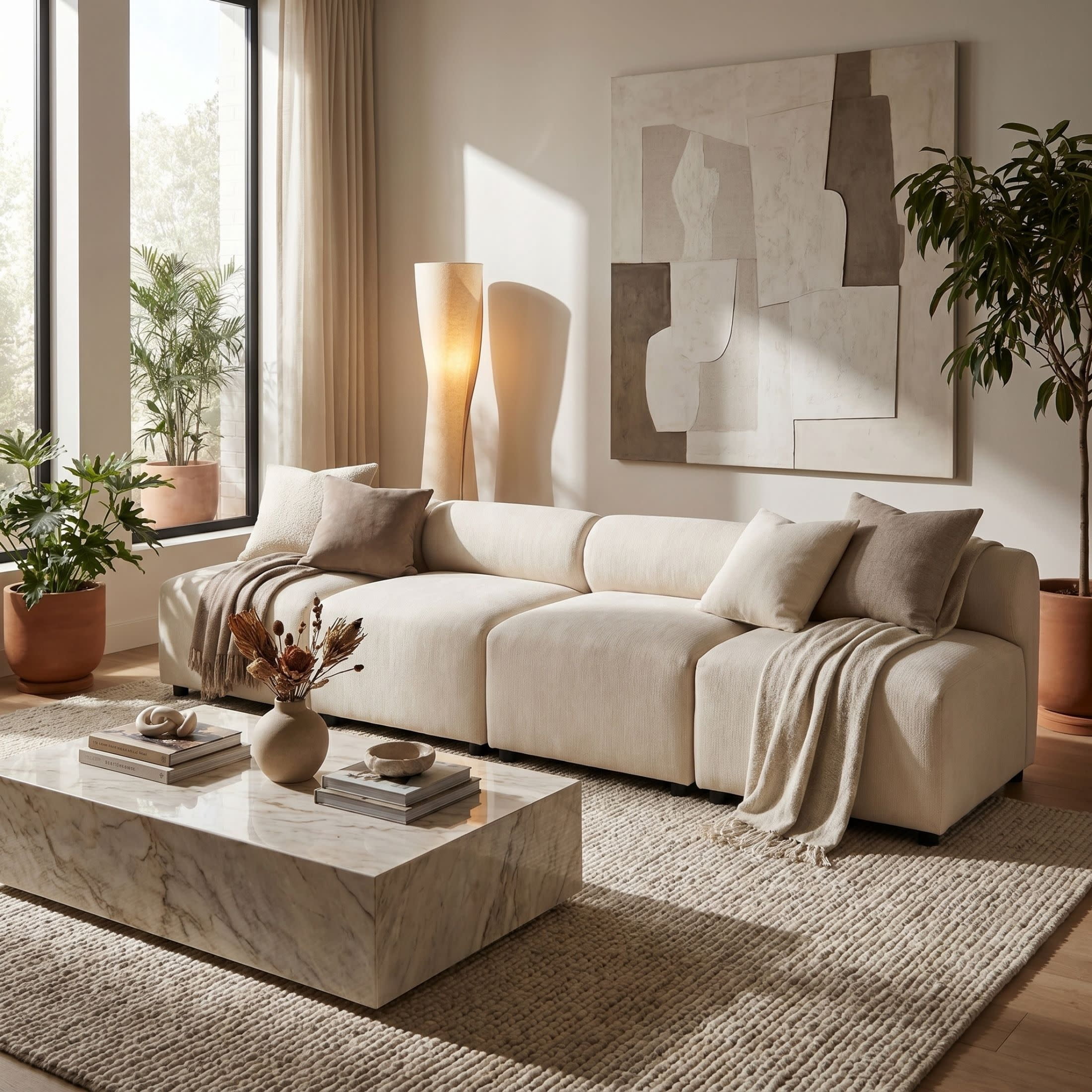 Christopher Knight Home 4-Seat Upholstered Modular Sectional Sofa, Round-Back with Deep Cushions, Beige