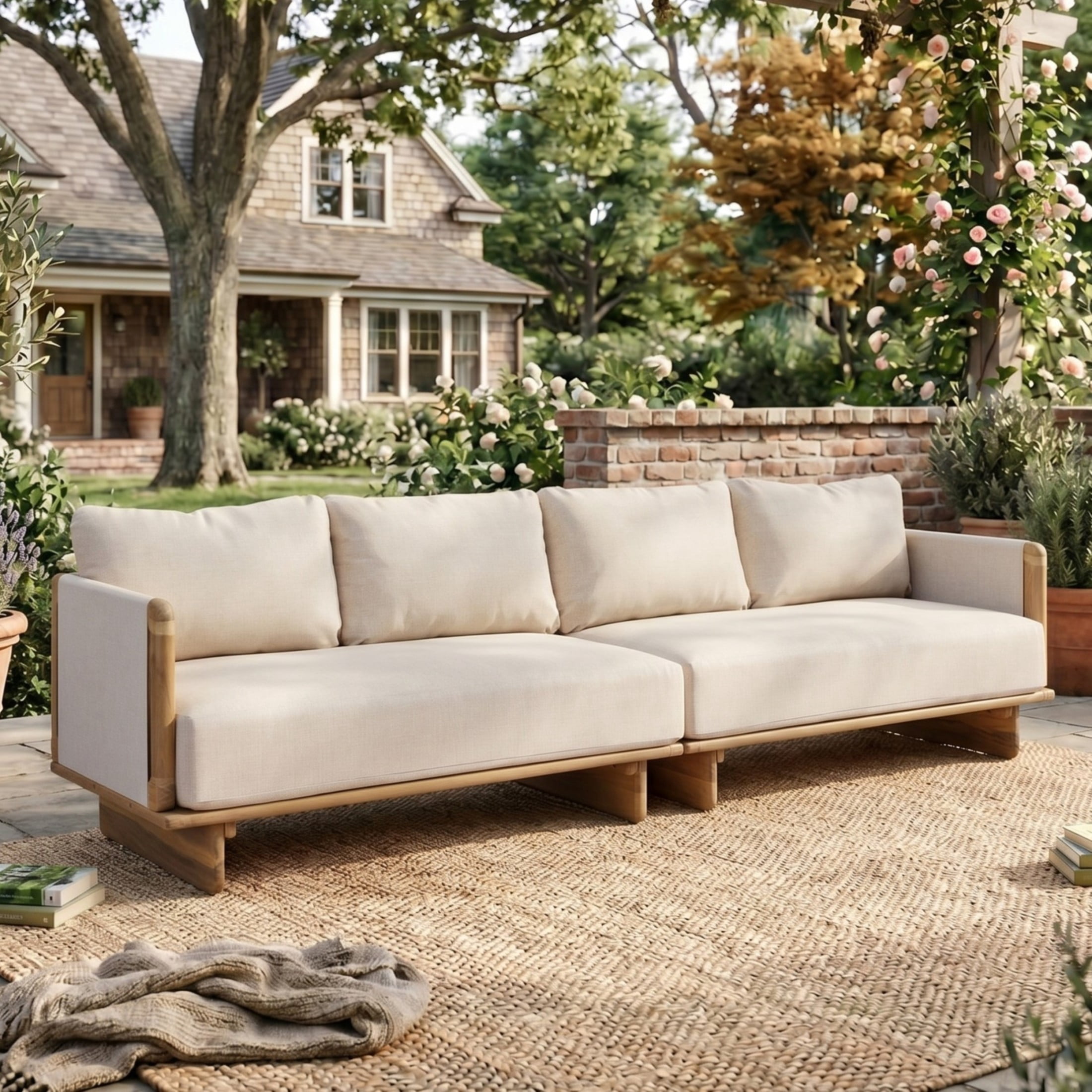 Christopher Knight Home 4-Seater Outdoor Sofa, Acacia Wood Frame with Thick Cushion, Light Teak+Beige