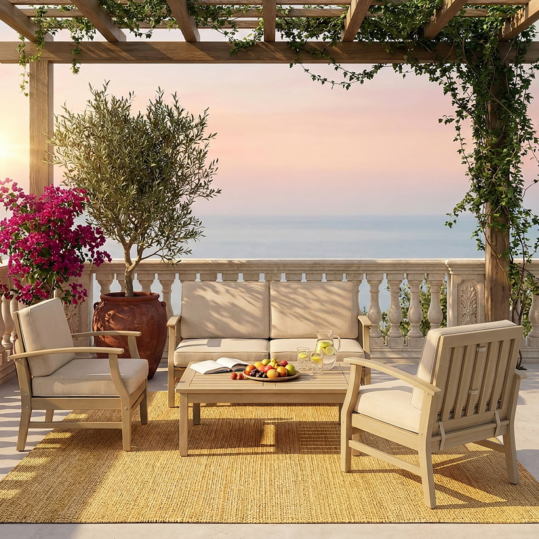 Christopher Knight Home 4-Seater Outdoor Wood Conversation Set with Table, Sand Cushions, Light White Finish