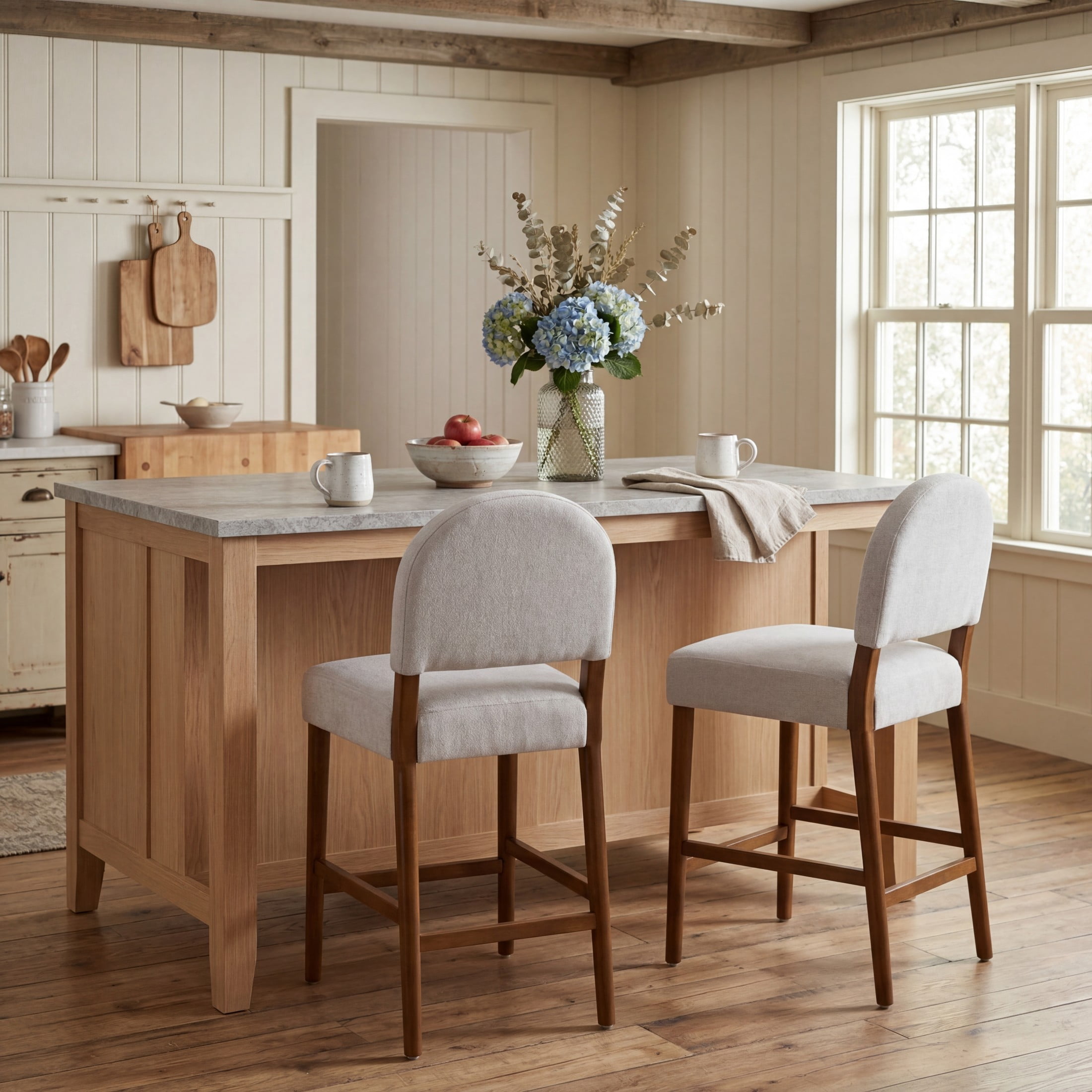 Christopher Knight Home 40" Modern Counter Height Fabric Bar Stools Set of 2, Rubberwood Frame, Light Gray