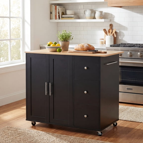 Christopher Knight Home 40" Rolling Kitchen Island with Adjustable Shelf, Mobile Cart with Storage, Black