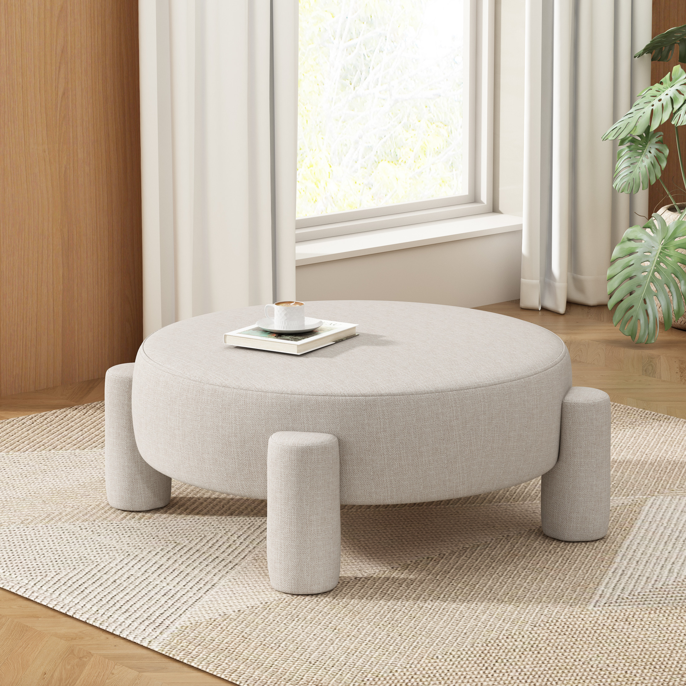 Christopher Knight Home 40" Round Large Accent Ottoman, Fully Upholstered Fabric with Tube Legs, Beige