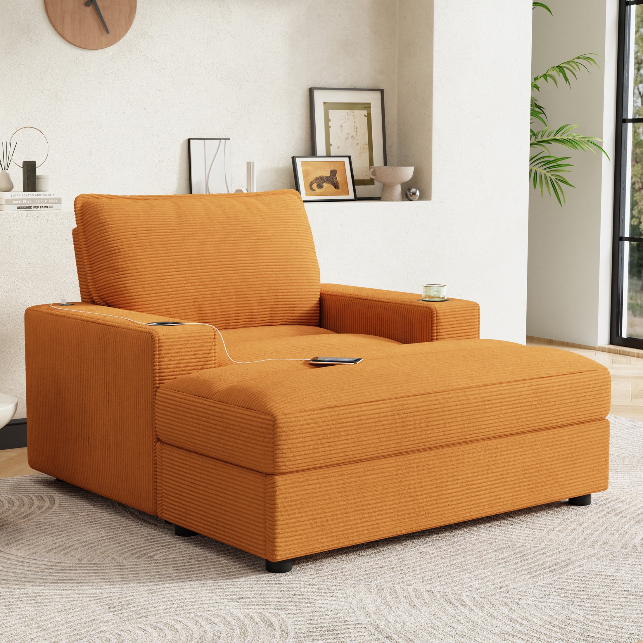 Christopher Knight Home 42.8" Oversized Chaise Lounge Chair with Storage Ottoman, USB Port & Cup Holders, Yellow